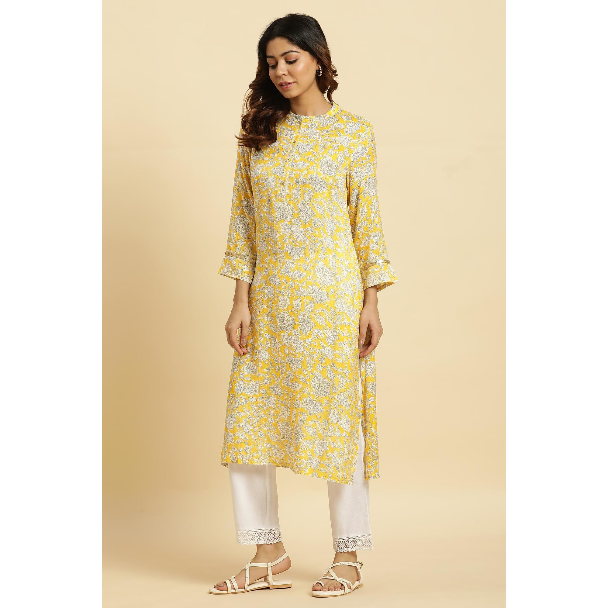 W For Woman Yellow Floral Printed A-Line Kurta (Size Xs)-23Auw10163-122806