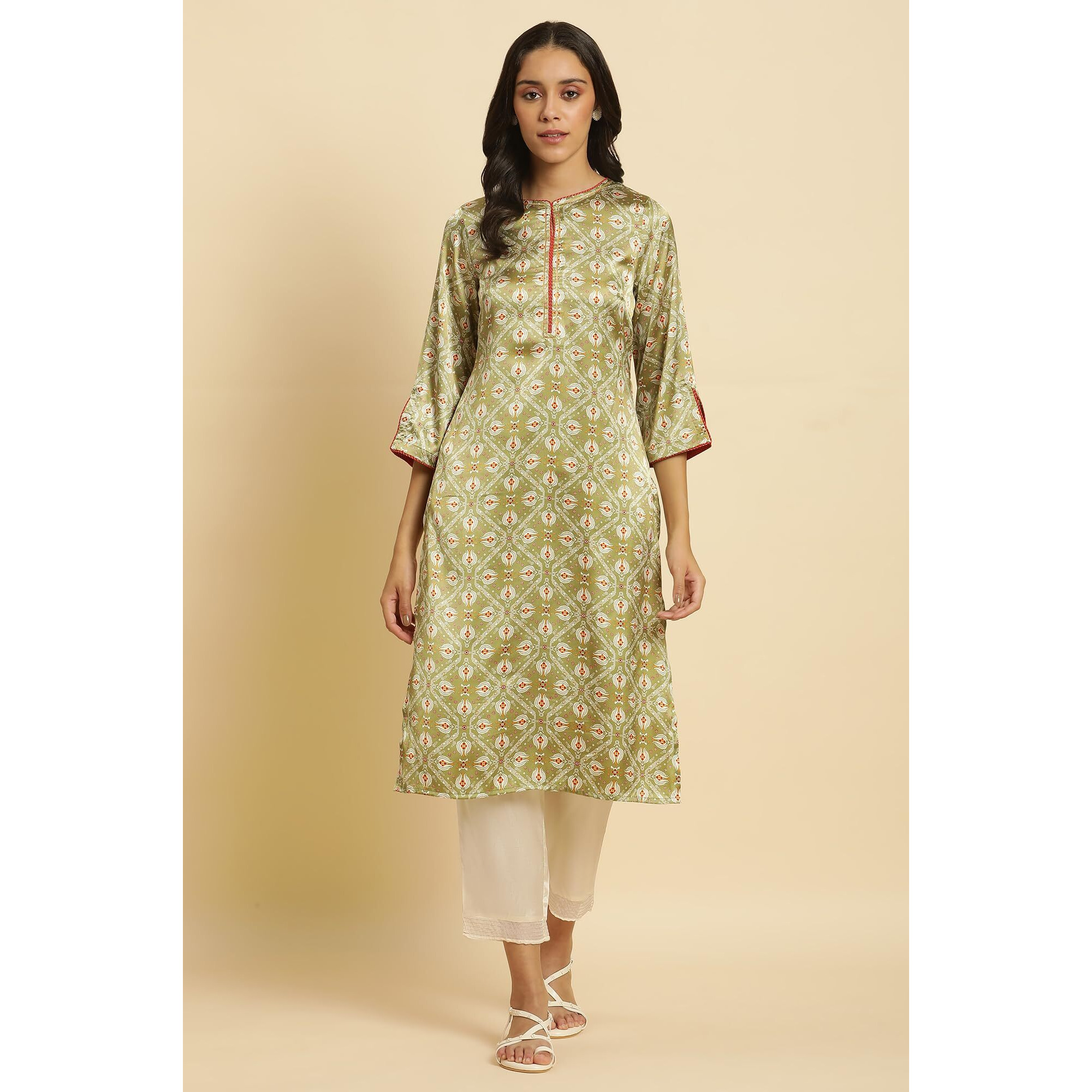 W For Woman Pistachio Green Japanese Satin Festive Kurta (Size M)-23Auw10120-122476