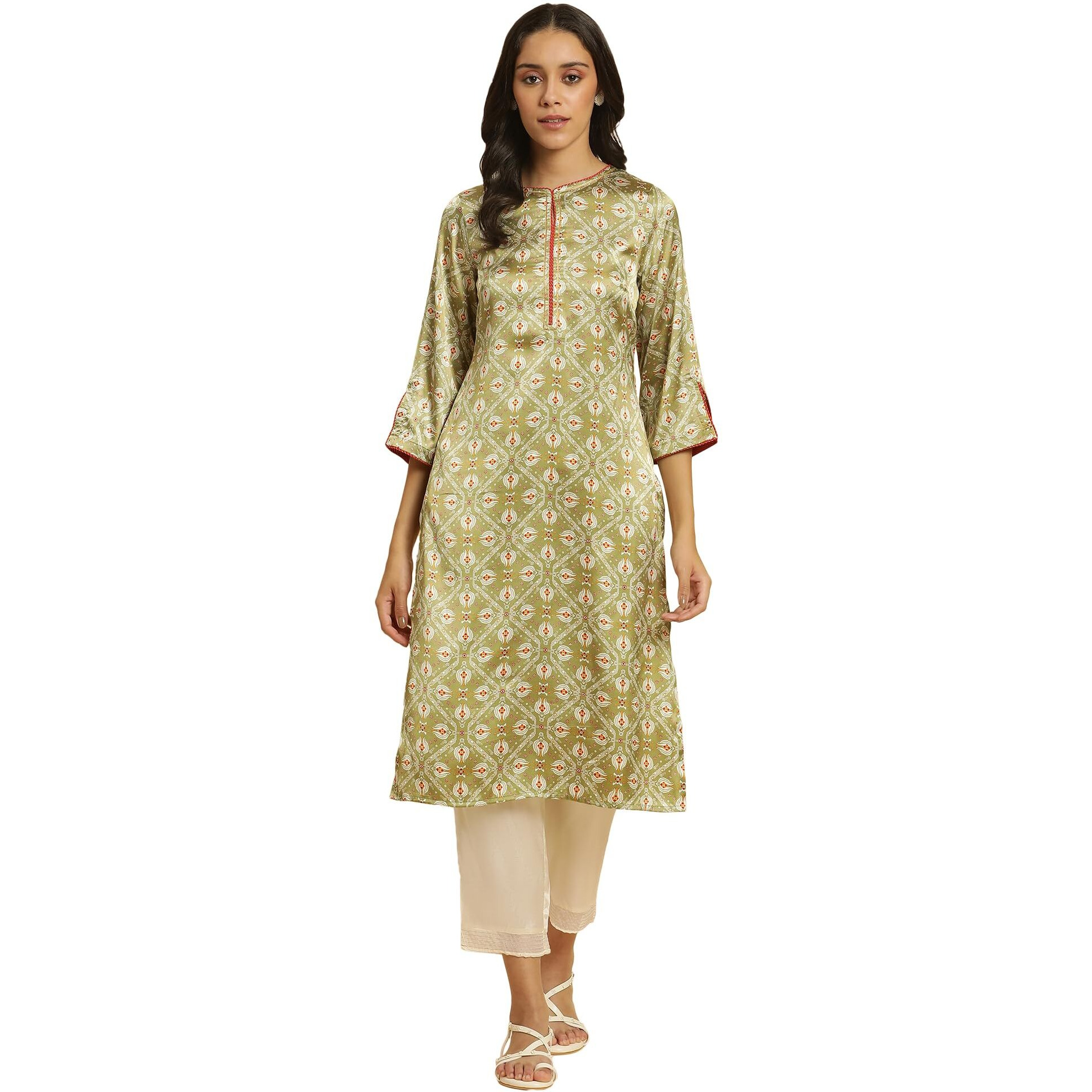 W For Woman Pistachio Green Japanese Satin Festive Kurta (Size S)-23Auw10120-122476
