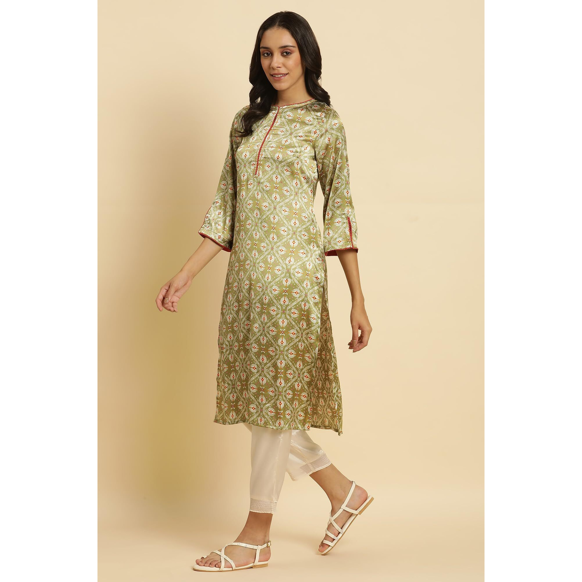 W For Woman Pistachio Green Japanese Satin Festive Kurta (Size S)-23Auw10120-122476