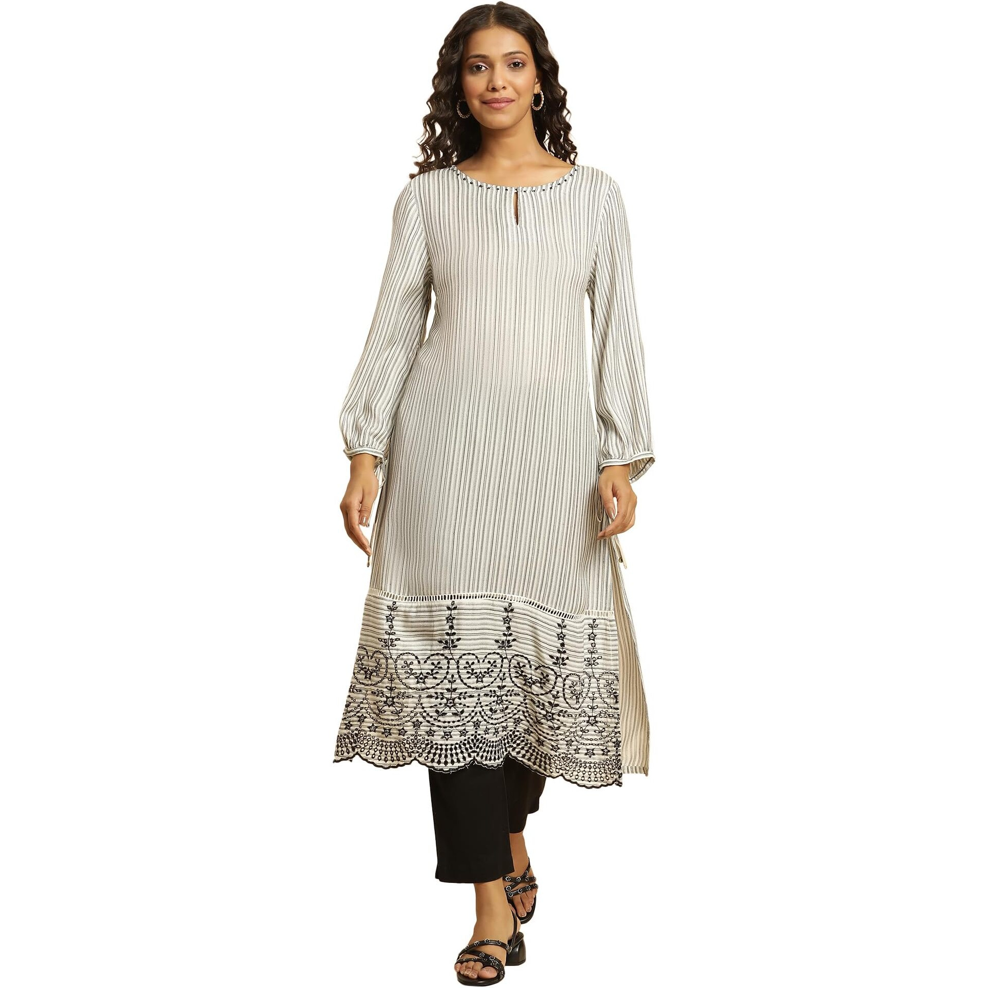 W For Woman White And Black Stripes Kurta With Schiffli Embroidery (Size M)-23Auw10143-313355
