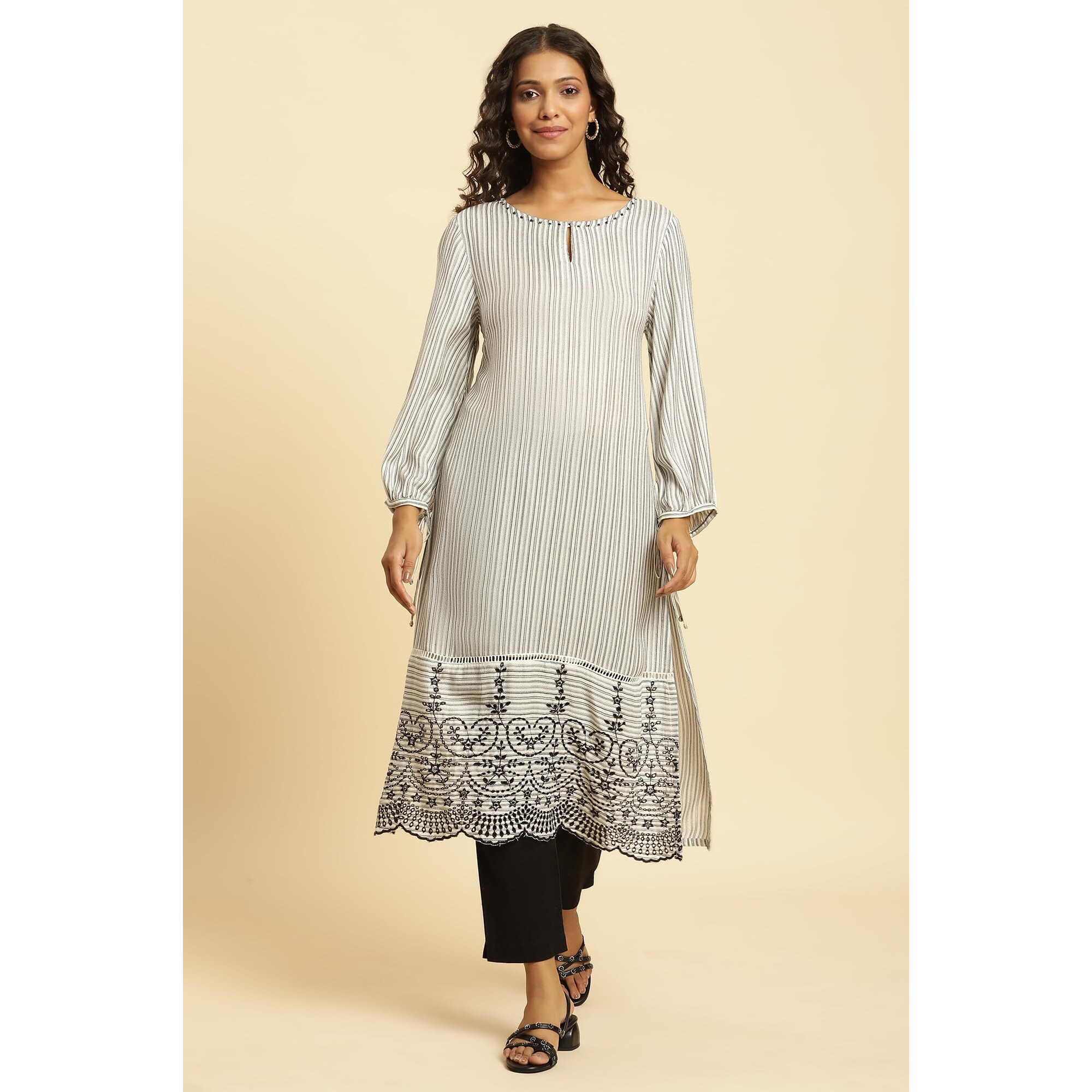 W For Woman White And Black Stripes Kurta With Schiffli Embroidery (Size M)-23Auw10143-313355