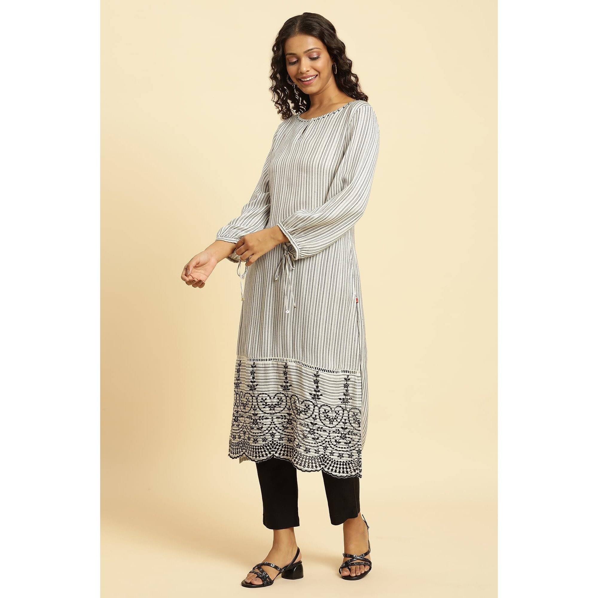 W For Woman White And Black Stripes Kurta With Schiffli Embroidery (Size M)-23Auw10143-313355
