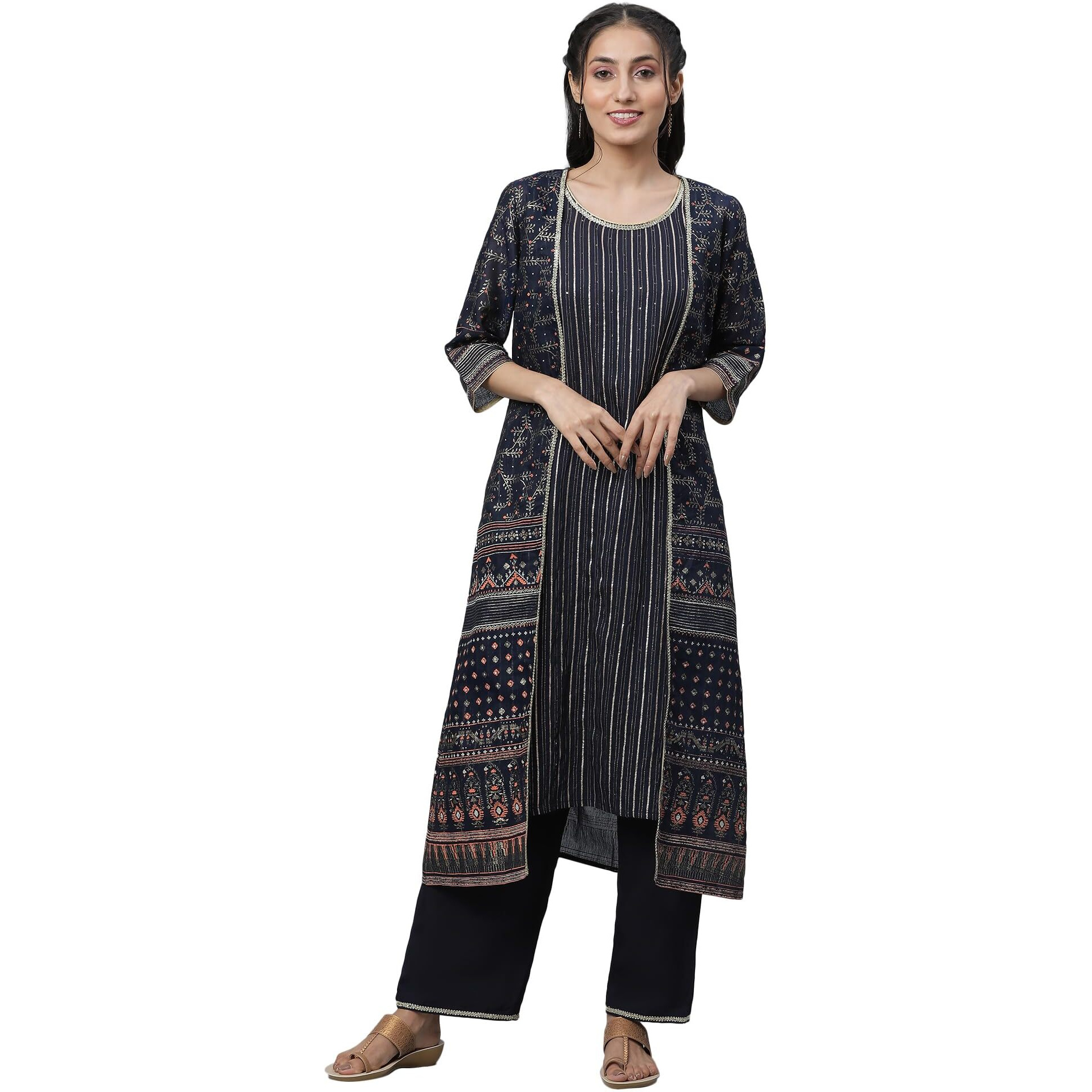 Aurelia Women's Maritime Blue Polyester Straight Kurta, Trousers, Gillet Suit Set_23Aud14603-506298_Xxl