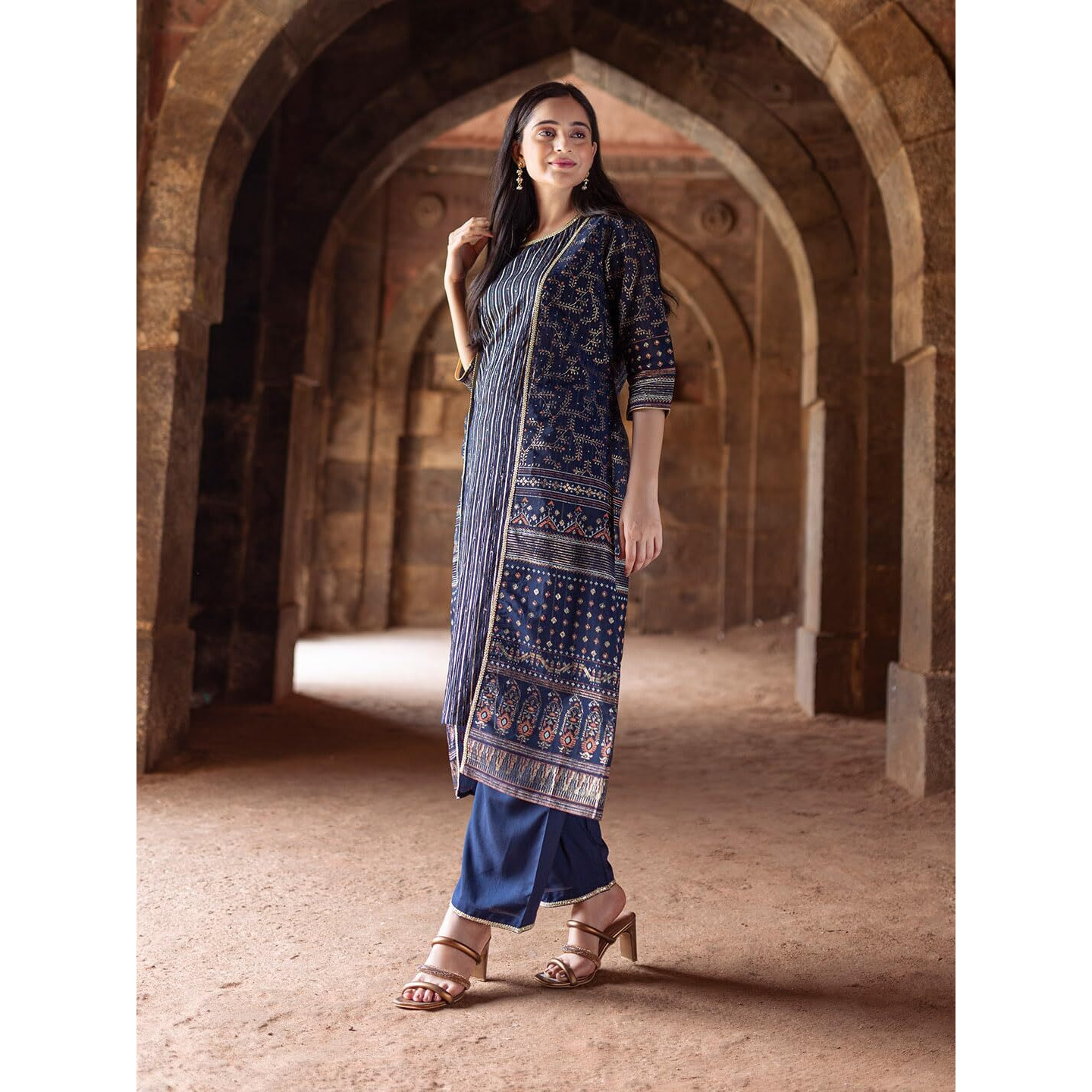 Aurelia Women's Maritime Blue Polyester Straight Kurta, Trousers, Gillet Suit Set_23Aud14603-506298_Xxl