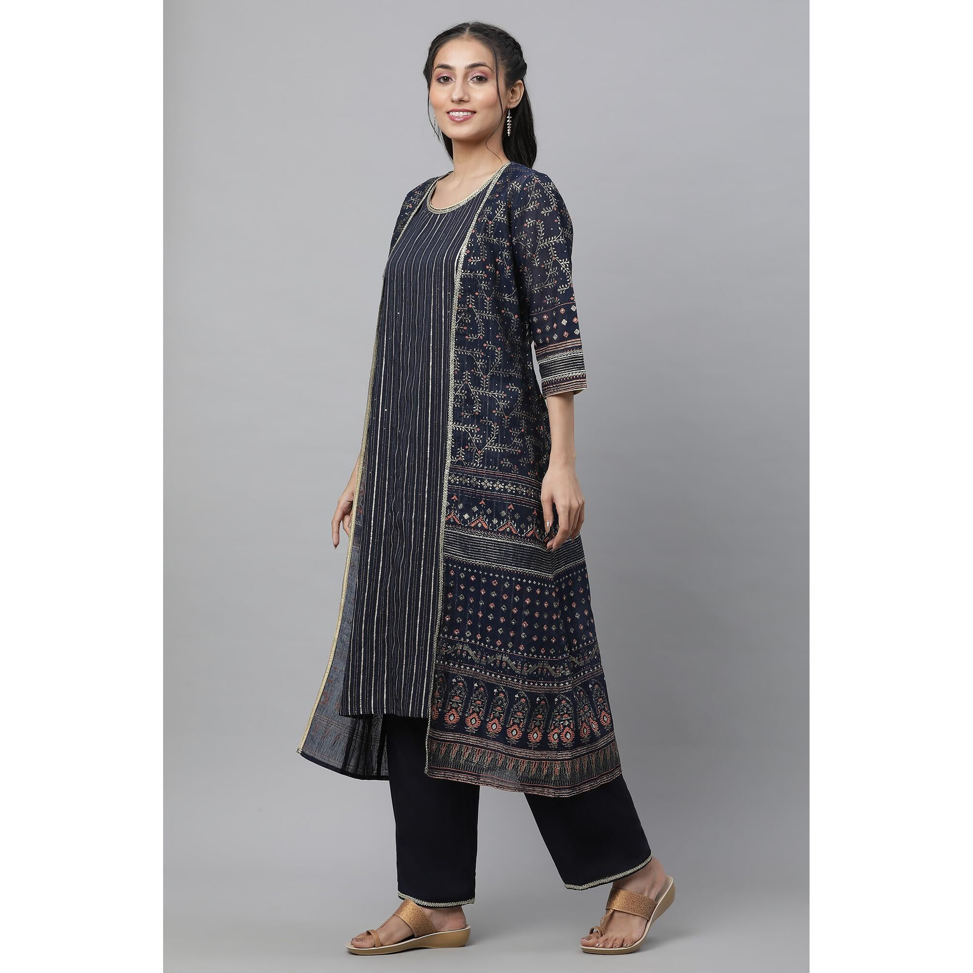 Aurelia Women's Maritime Blue Polyester Straight Kurta, Trousers, Gillet Suit Set_23Aud14603-506298_Xxl