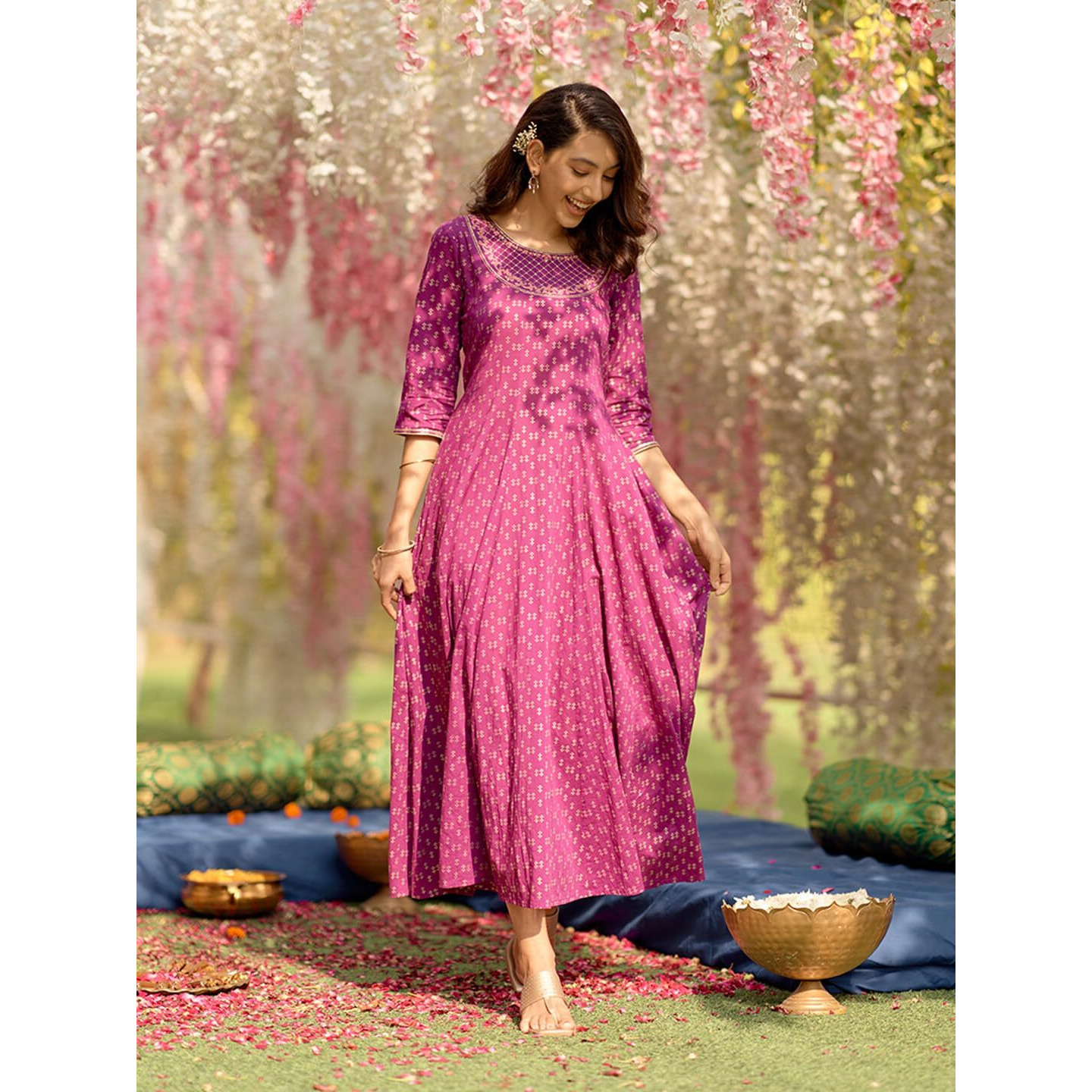 Aurelia Purple Embroidered Cotton Anarkali Kurta With Thread Work
