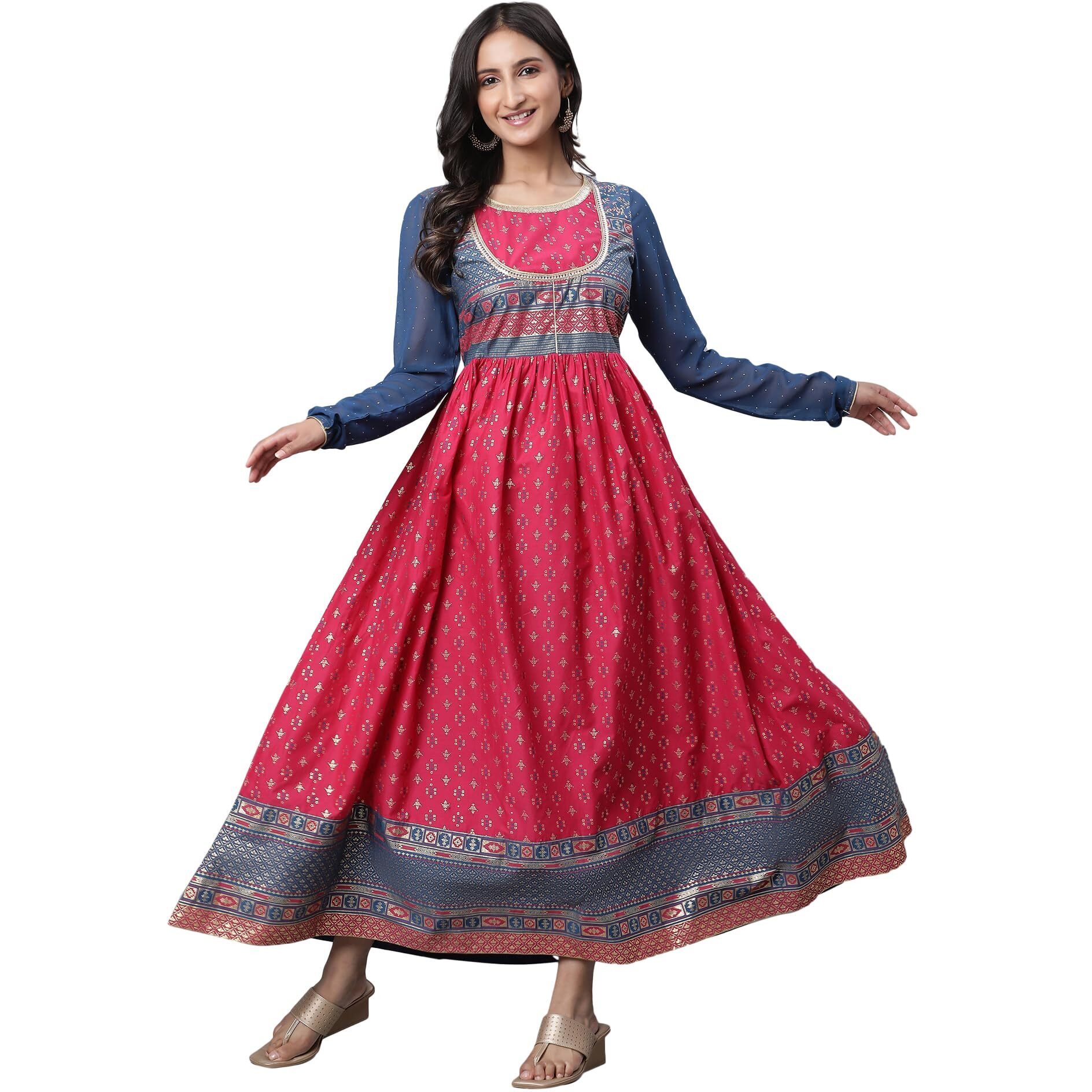 Aurelia Pink Ethnic Motif Cotton Anarkali Kurta With Lace
