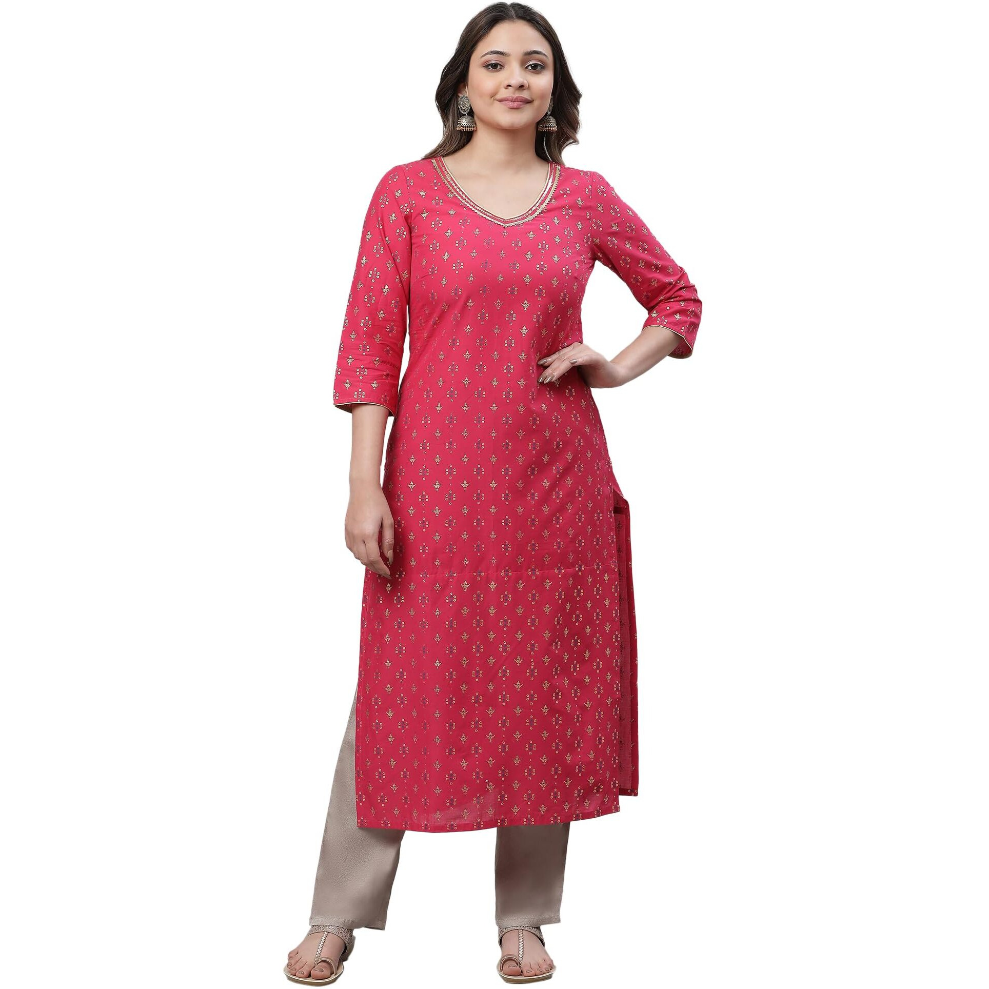 Aurelia Pink Geometric Printed Printed Cotton Straight Long Kurta With Lace