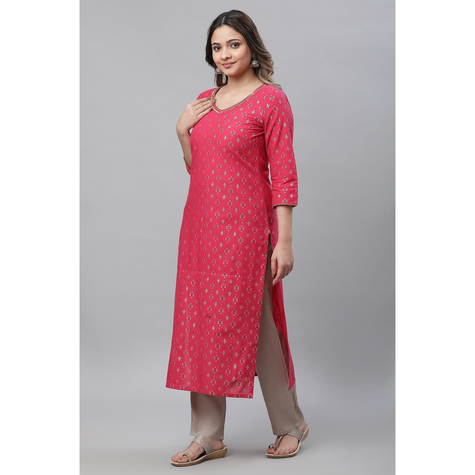 Aurelia Pink Geometric Printed Printed Cotton Straight Long Kurta With Lace