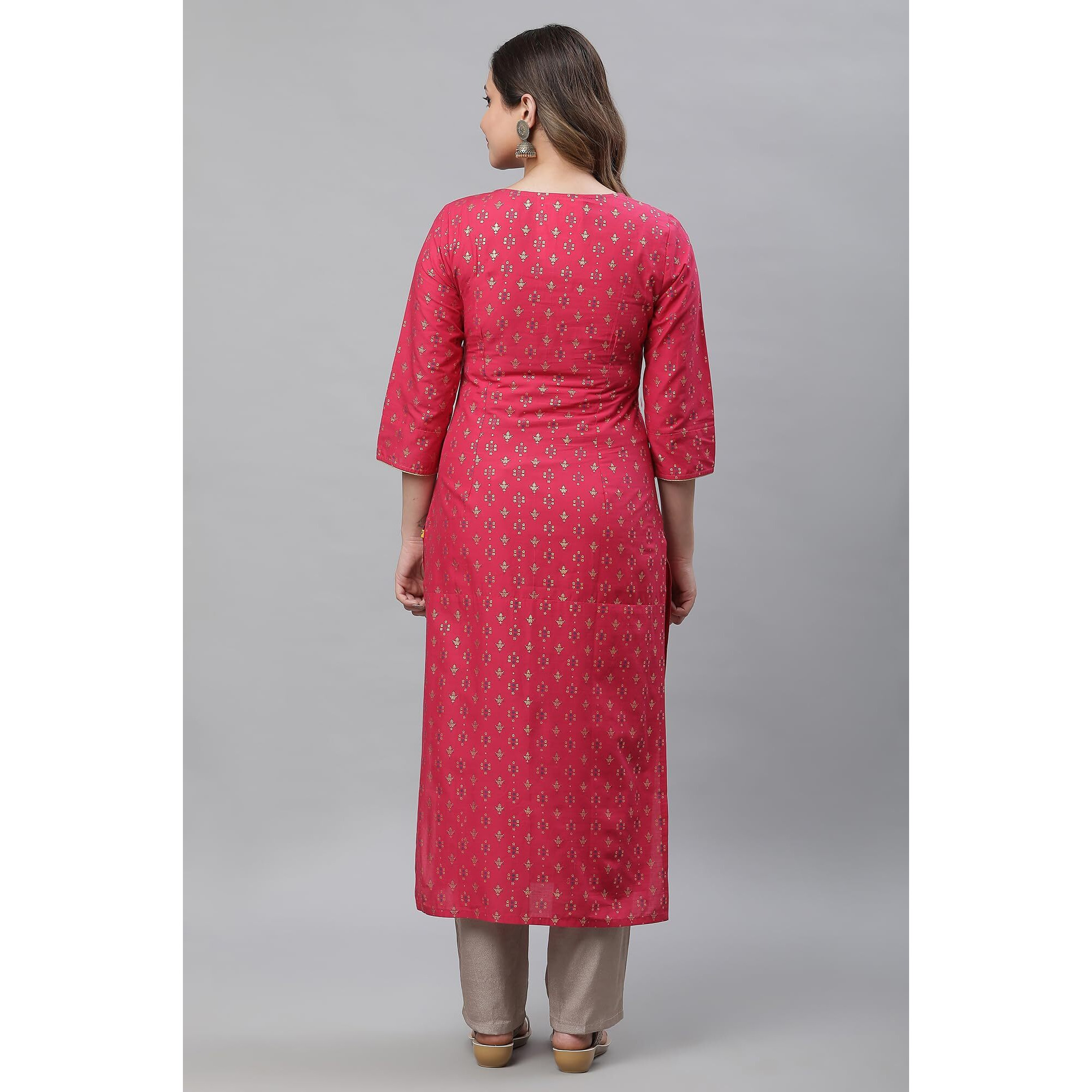 Aurelia Pink Geometric Printed Printed Cotton Straight Long Kurta With Lace