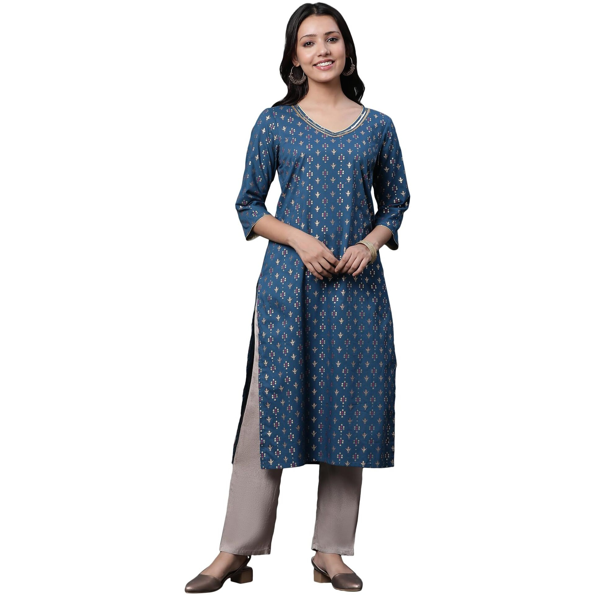 Aurelia Geometric Printed Printed Cotton Straight Long Kurta With Lace