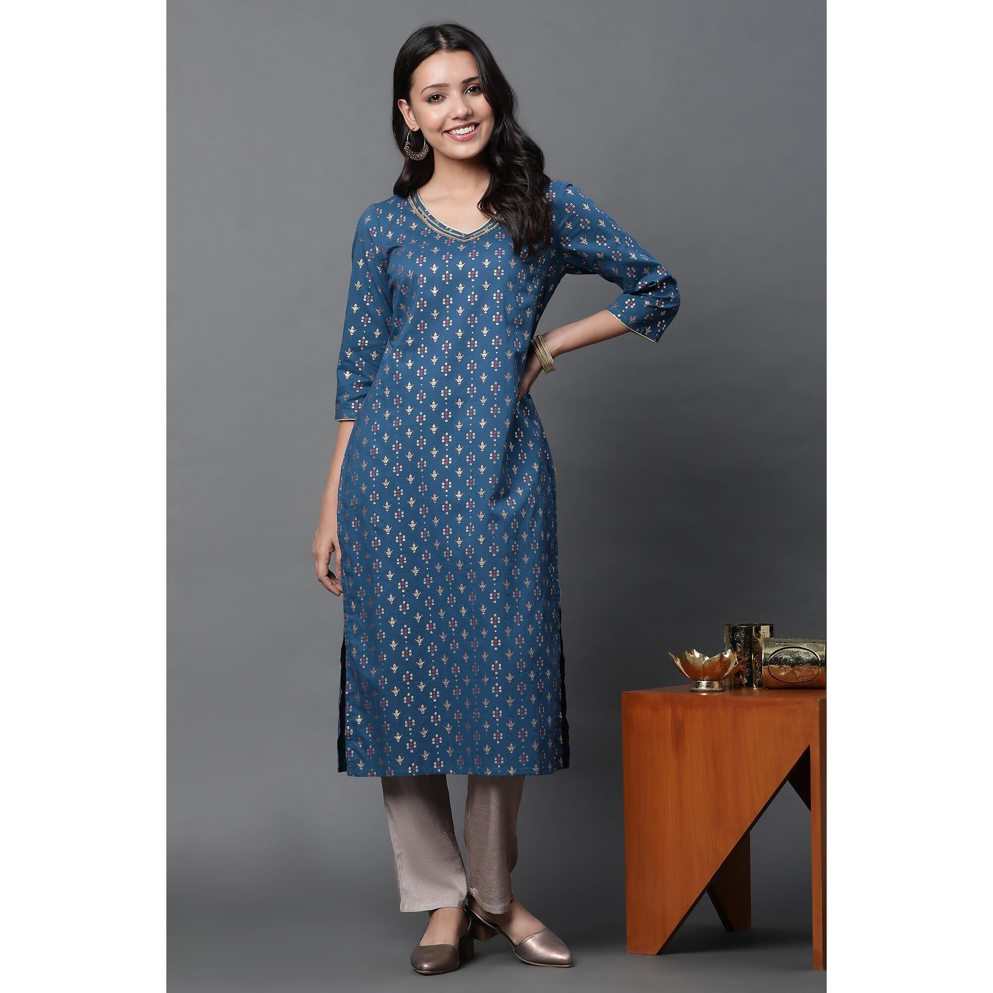 Aurelia Geometric Printed Printed Cotton Straight Long Kurta With Lace