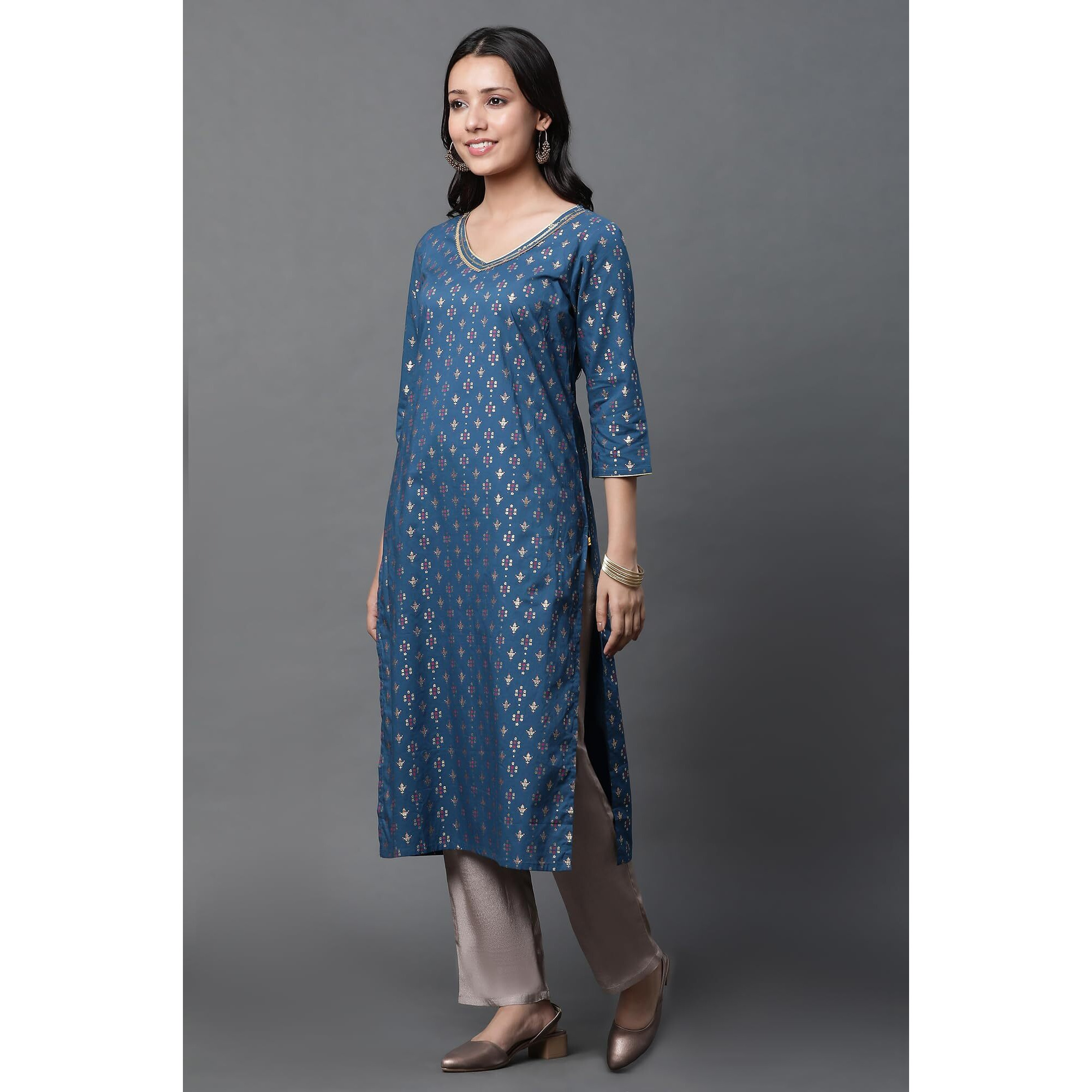 Aurelia Geometric Printed Printed Cotton Straight Long Kurta With Lace