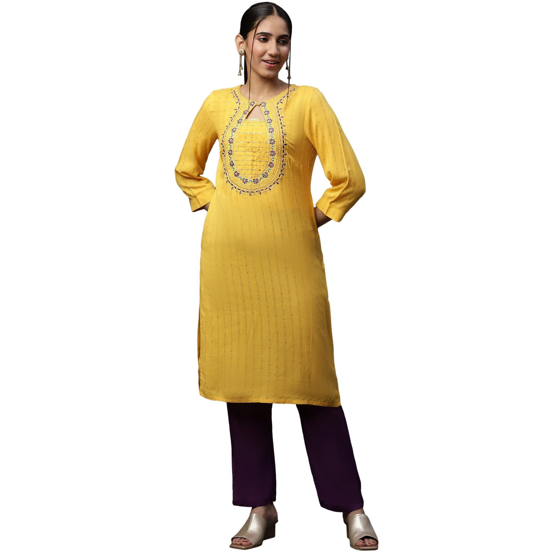 Aurelia Women's Viscose Regular Kurta (23Aua14541-704652_Yellow