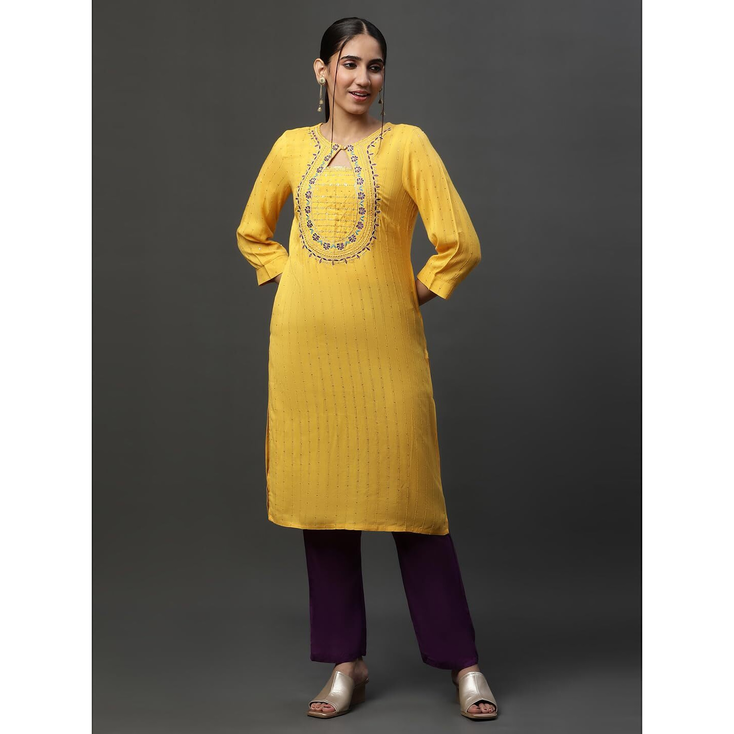 Aurelia Women's Viscose Regular Kurta (23Aua14541-704652_Yellow