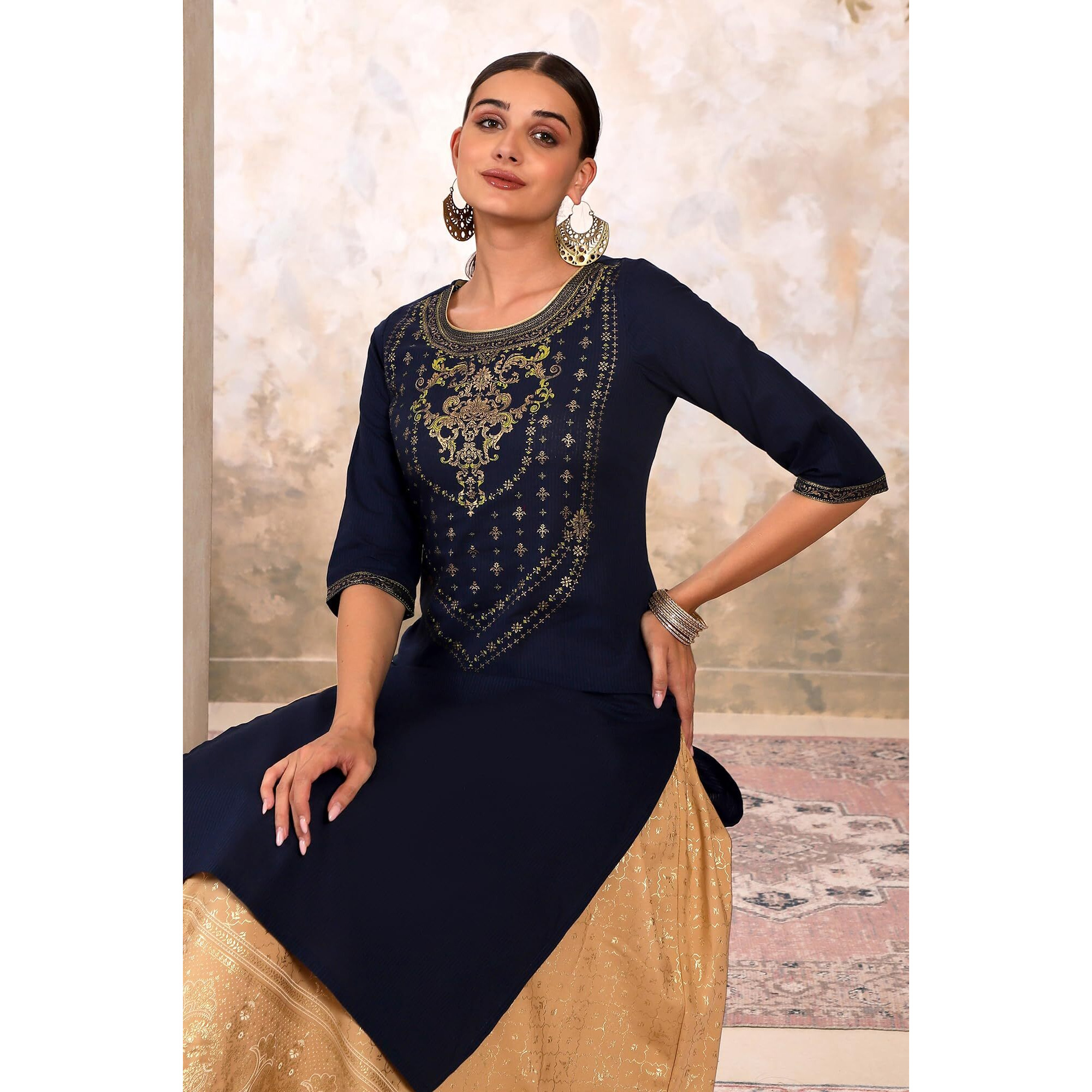 Aurelia Blue Foil Pattern Cotton Straight Long Kurta