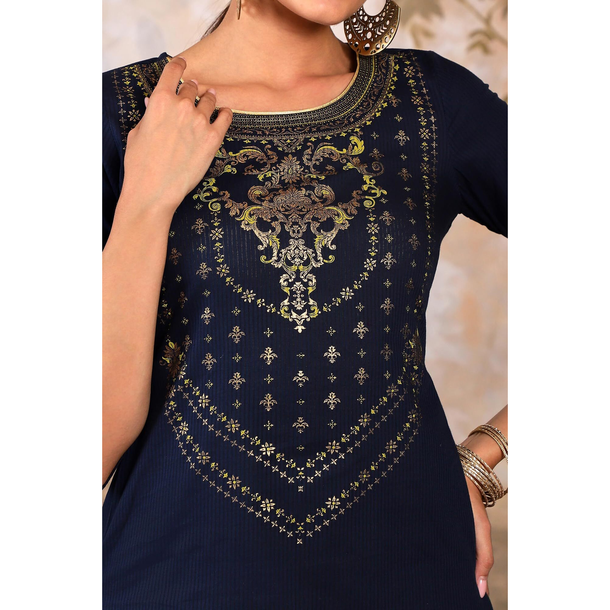 Aurelia Blue Foil Pattern Cotton Straight Long Kurta
