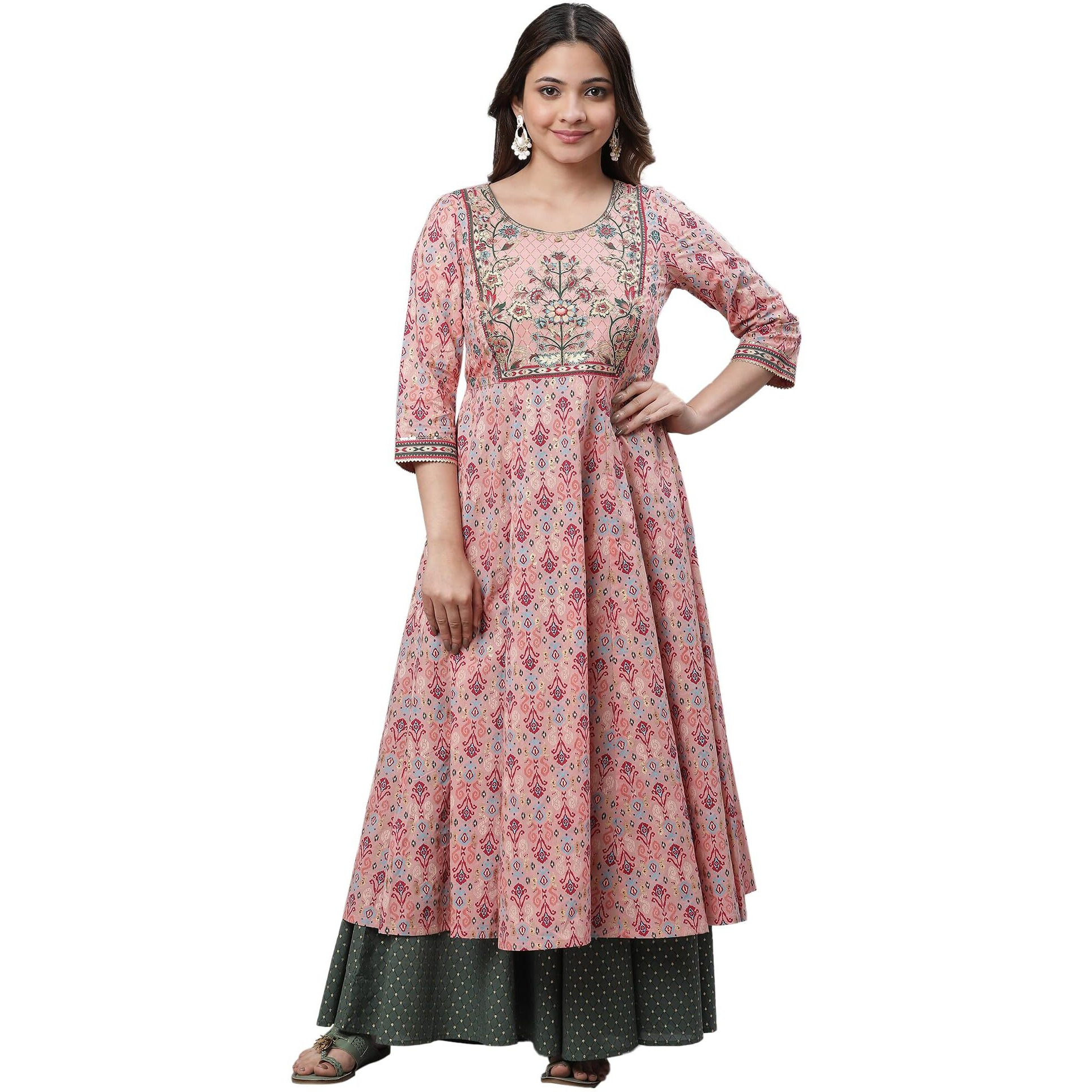 Aurelia Pink Foil Cotton Anarkali Kurta For Women
