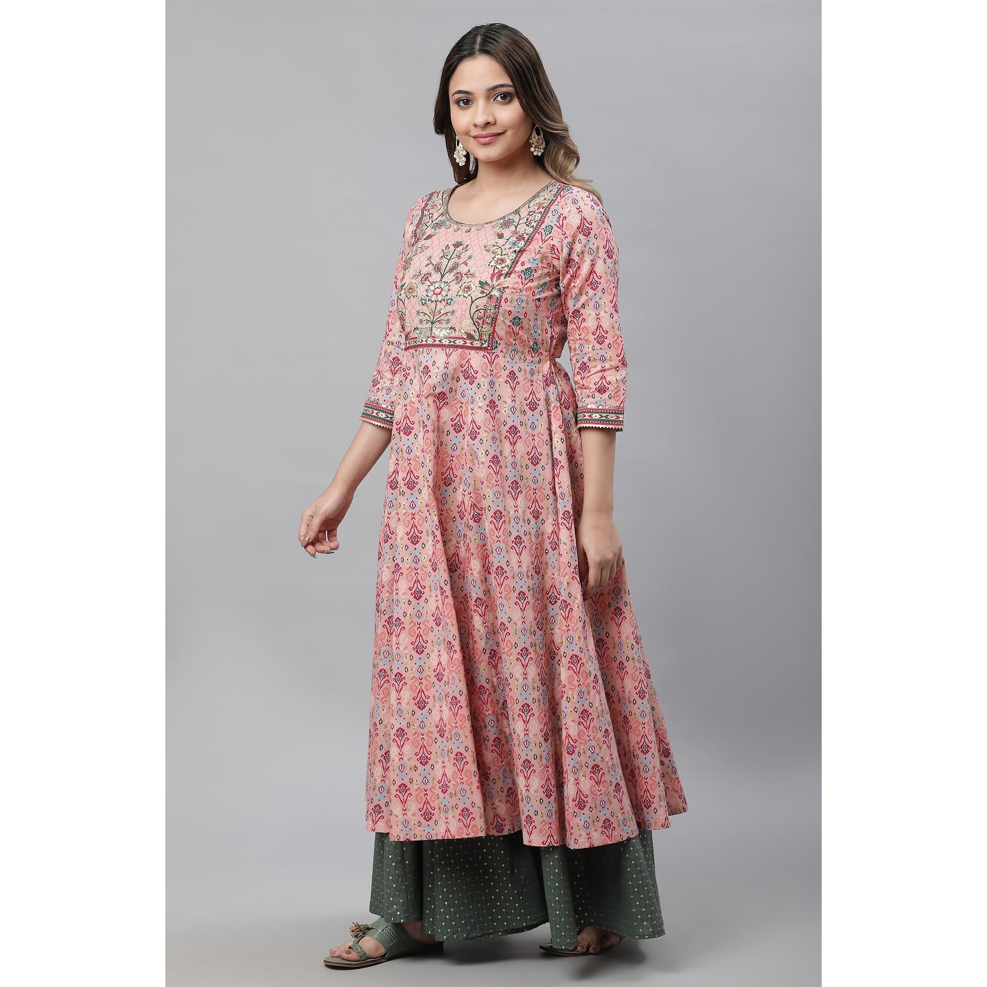 Aurelia Pink Foil Cotton Anarkali Kurta For Women