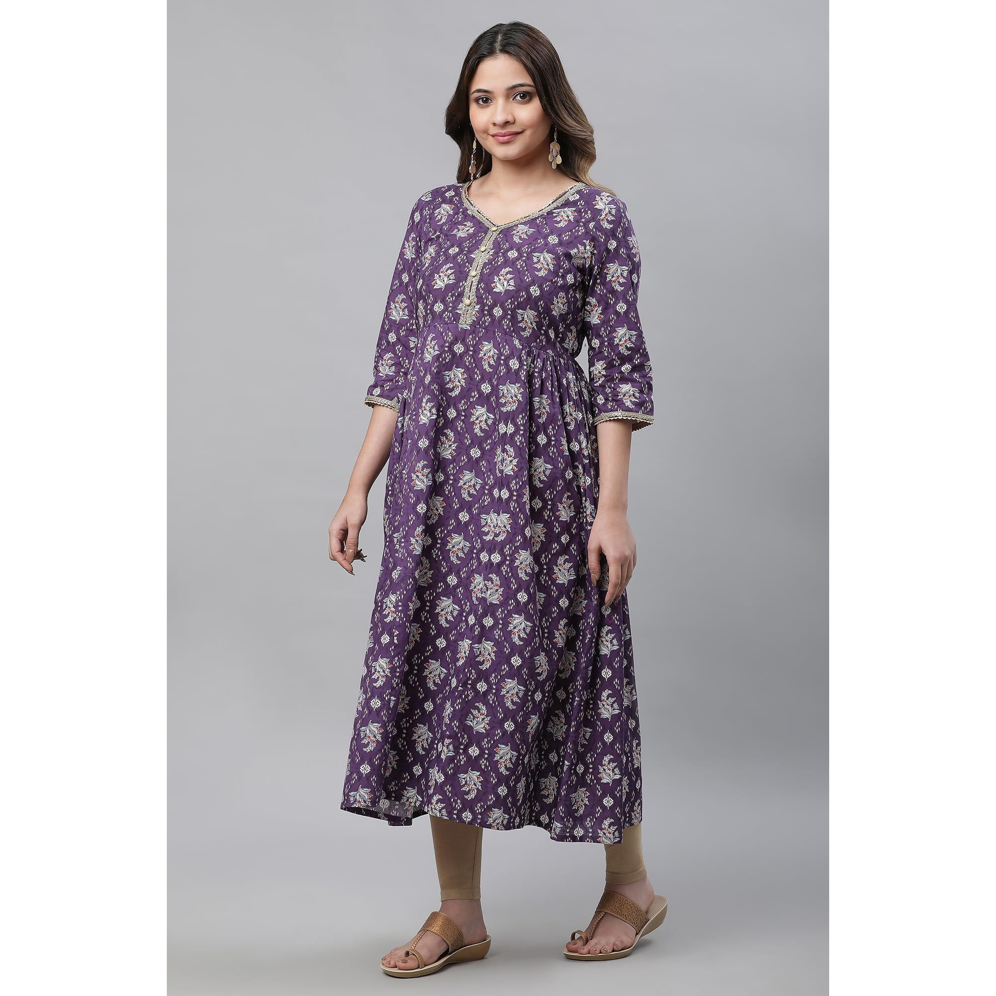 Aurelia Women's Purple Floral Printed Printed Cotton Regular Kurta