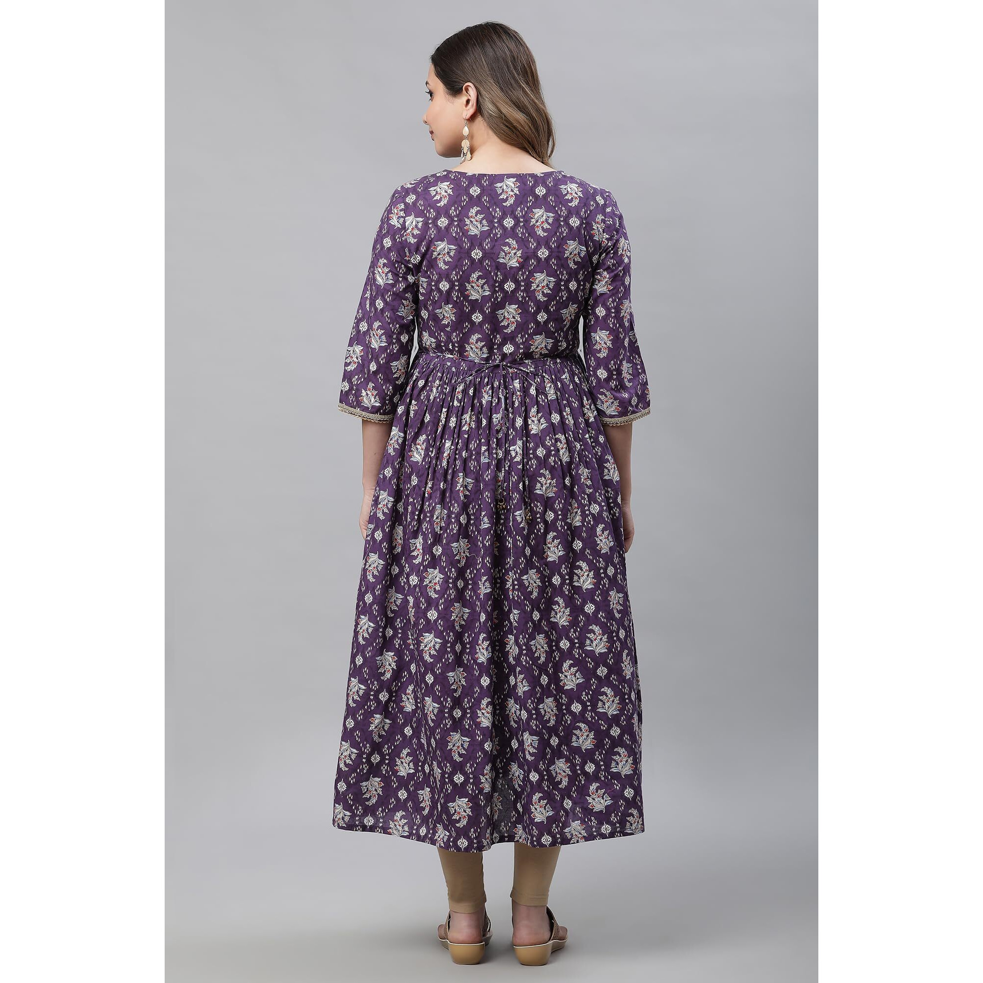 Aurelia Women's Purple Floral Printed Printed Cotton Regular Kurta