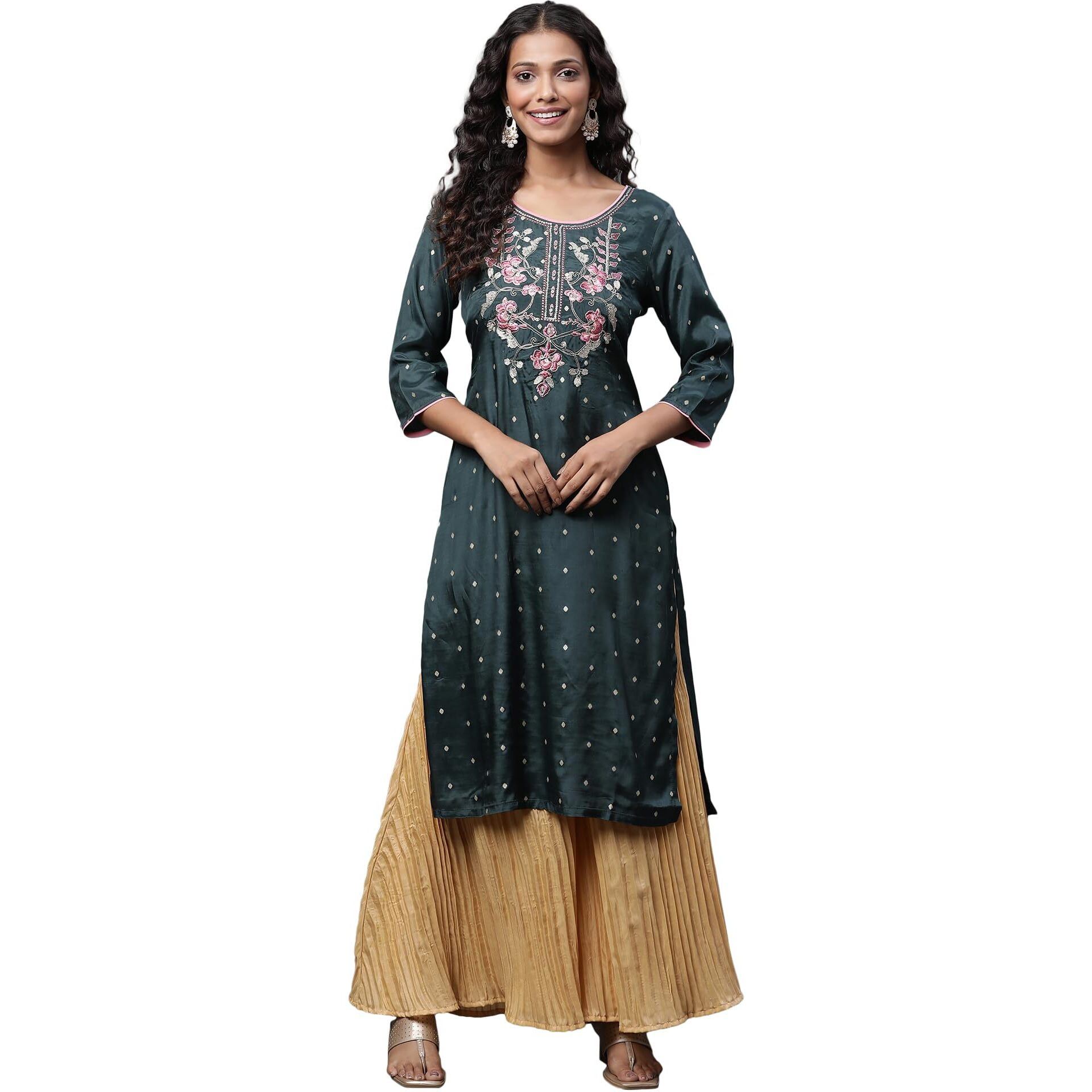 Aurelia Green Embroidered Dori Zari Sequin Straight Long Kurta
