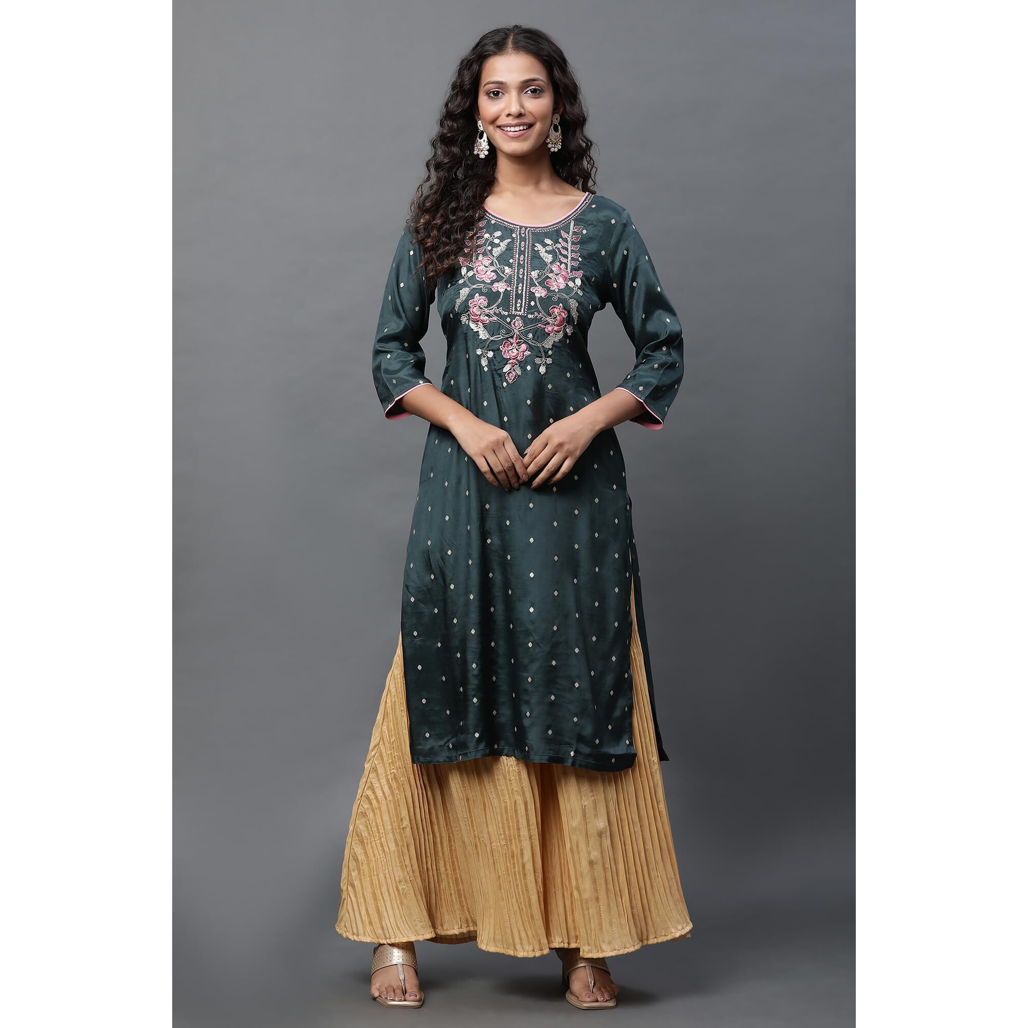 Aurelia Green Embroidered Dori Zari Sequin Straight Long Kurta