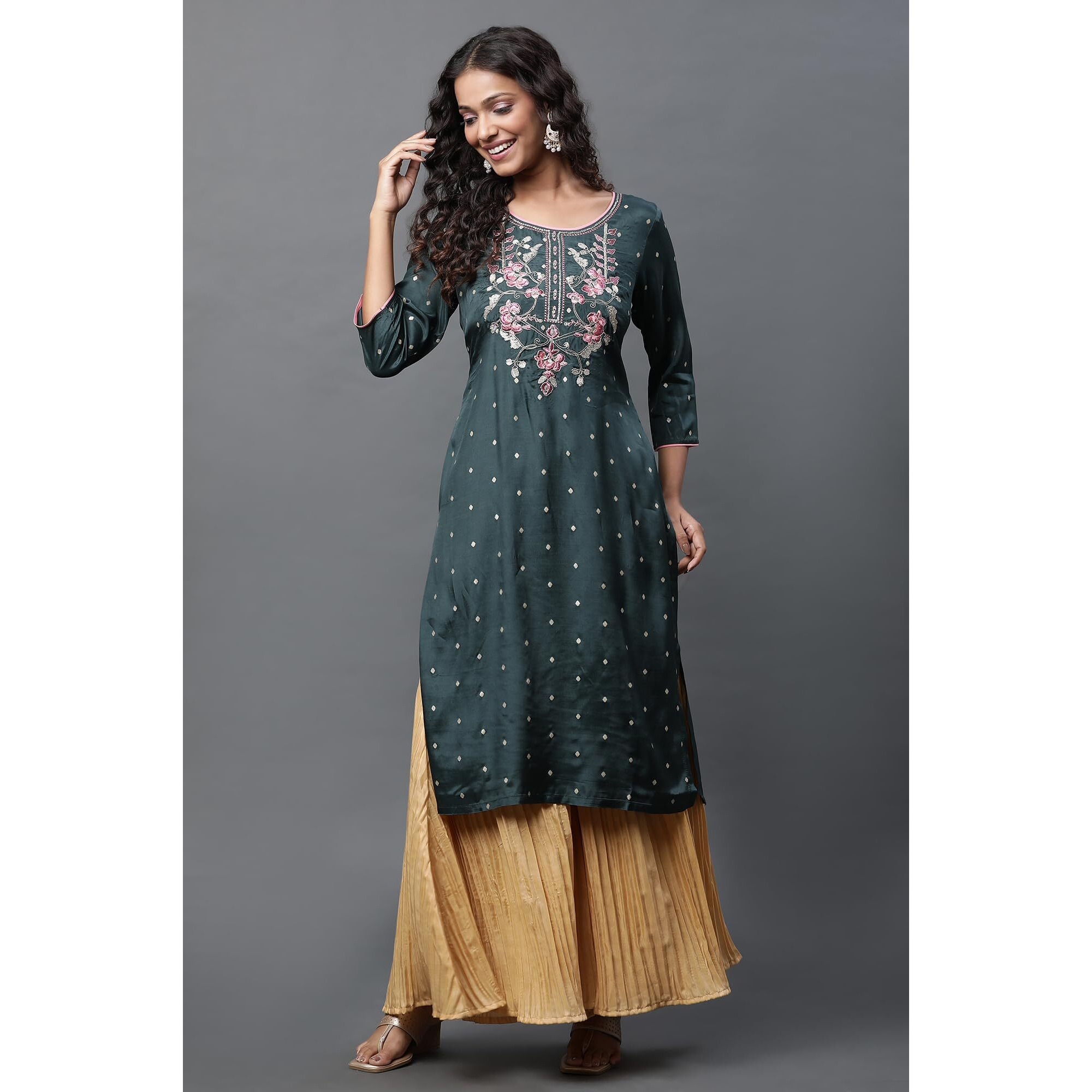Aurelia Green Embroidered Dori Zari Sequin Straight Long Kurta