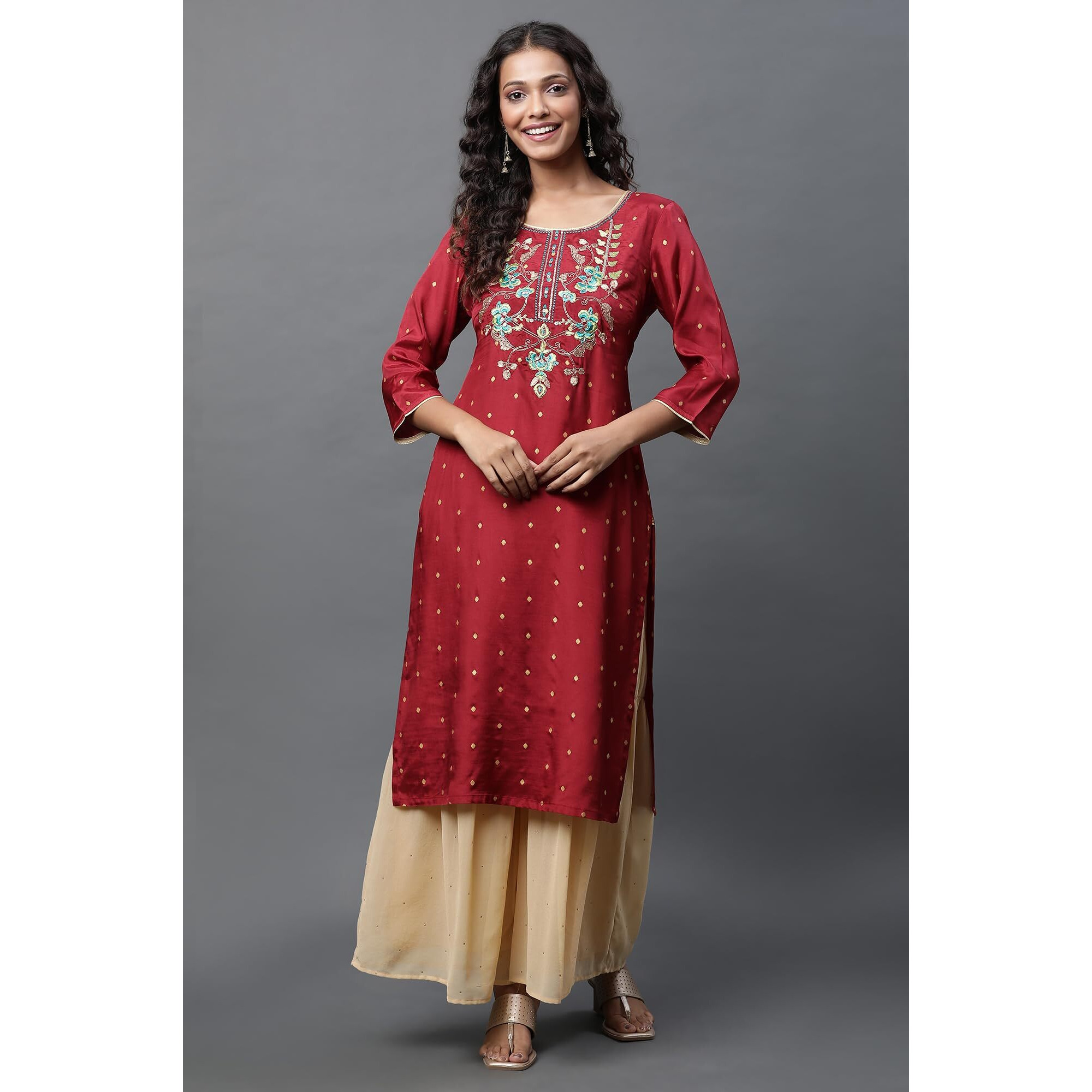 Aurelia Red Embroidered Straight Long Kurta
