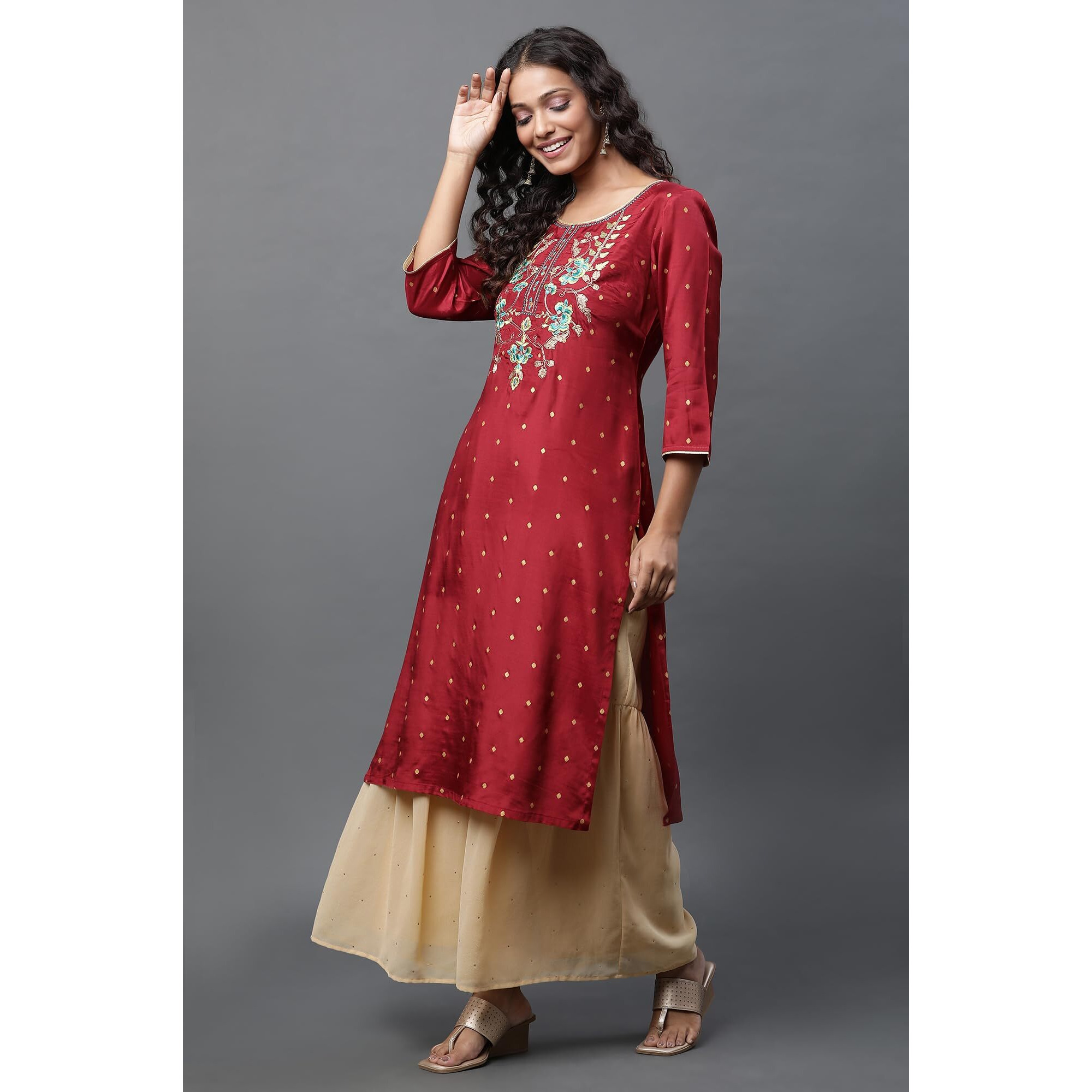 Aurelia Red Embroidered Straight Long Kurta