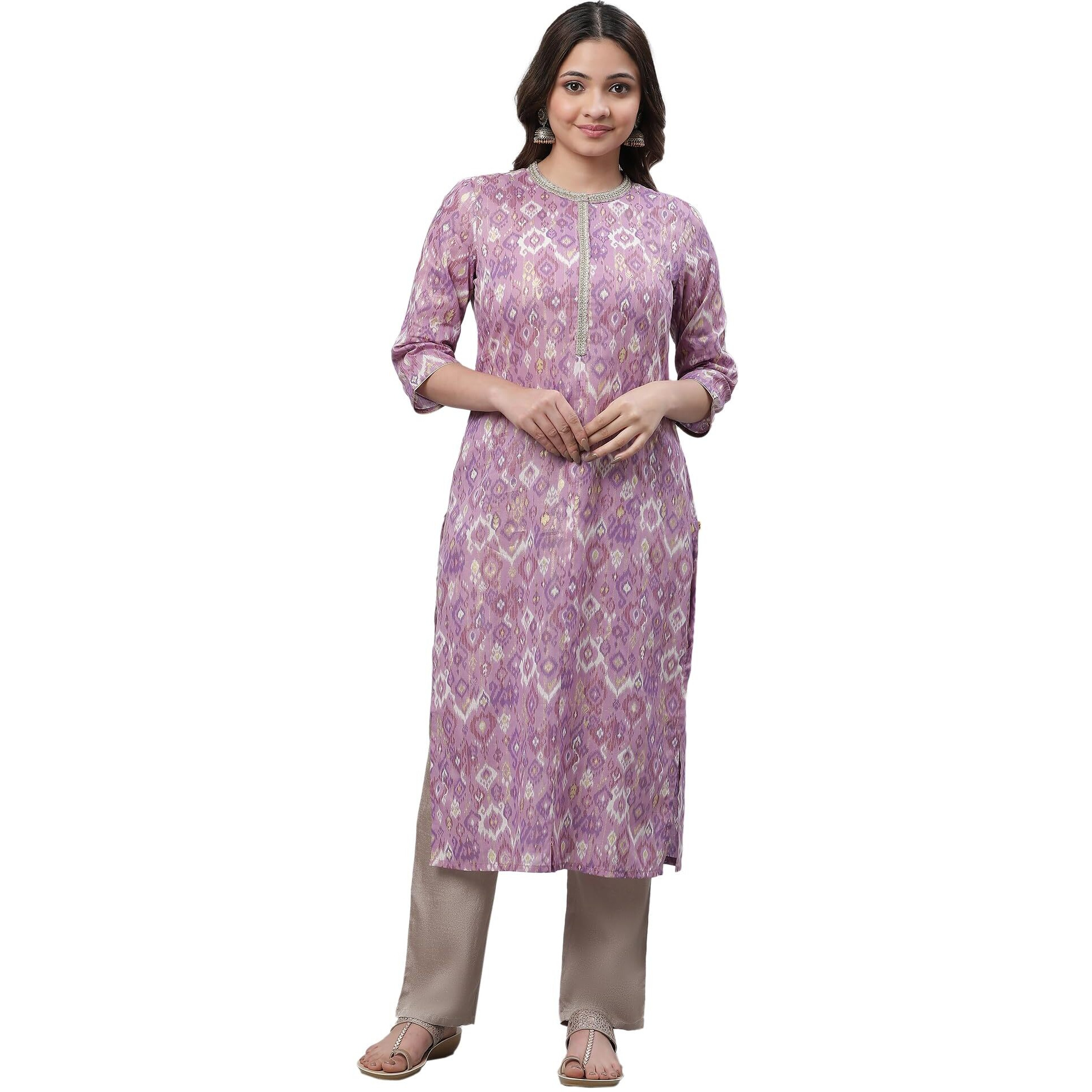 Aurelia Women's Geometric Printed Printed Straight Long Purple Cotton Kurta