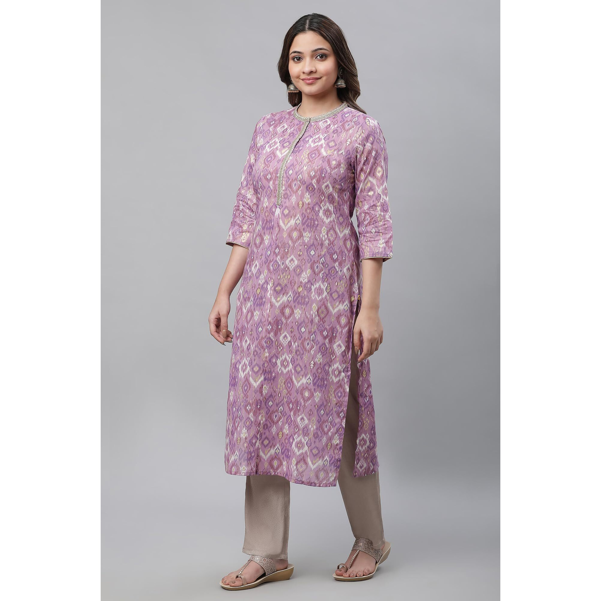 Aurelia Women's Geometric Printed Printed Straight Long Purple Cotton Kurta