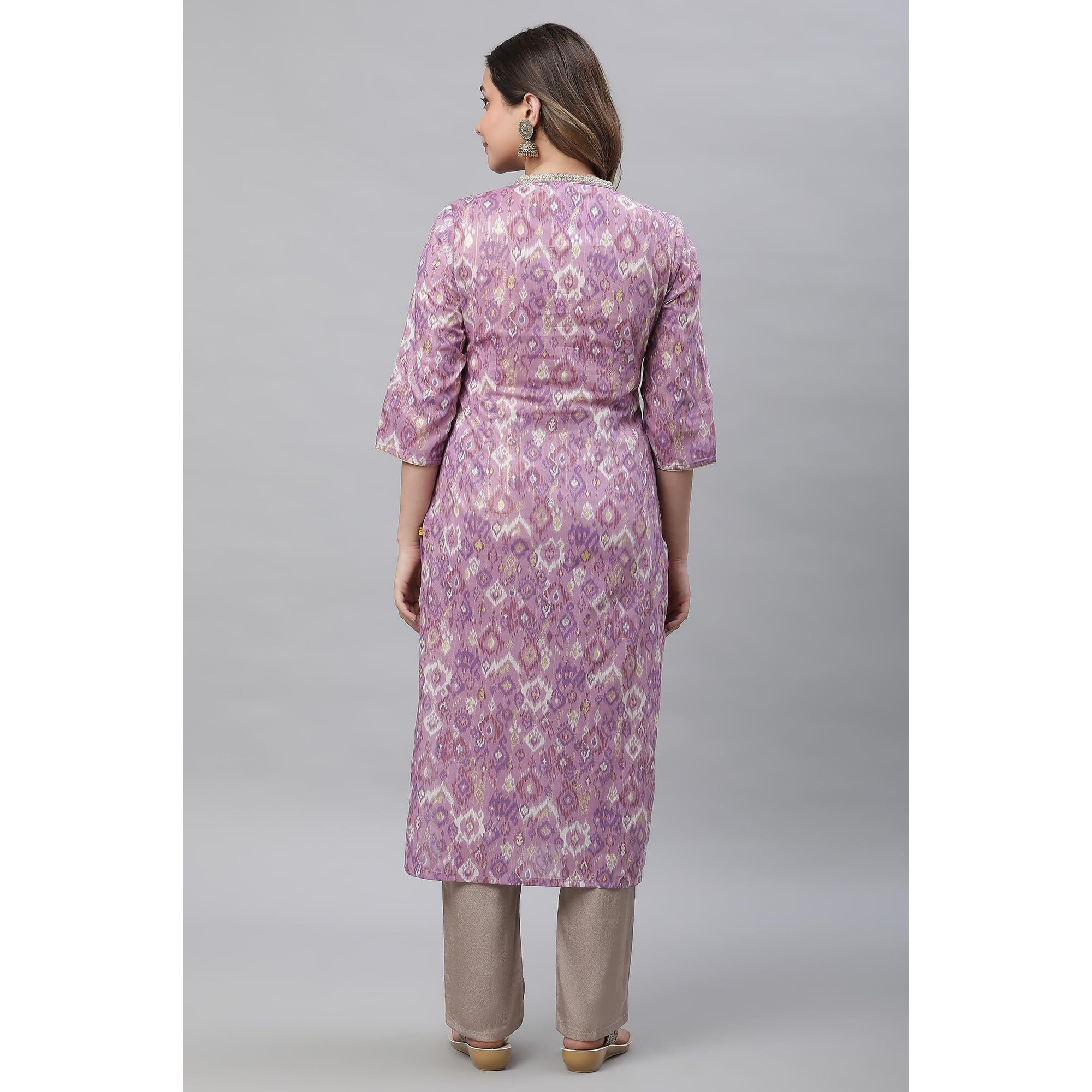 Aurelia Women's Geometric Printed Printed Straight Long Purple Cotton Kurta