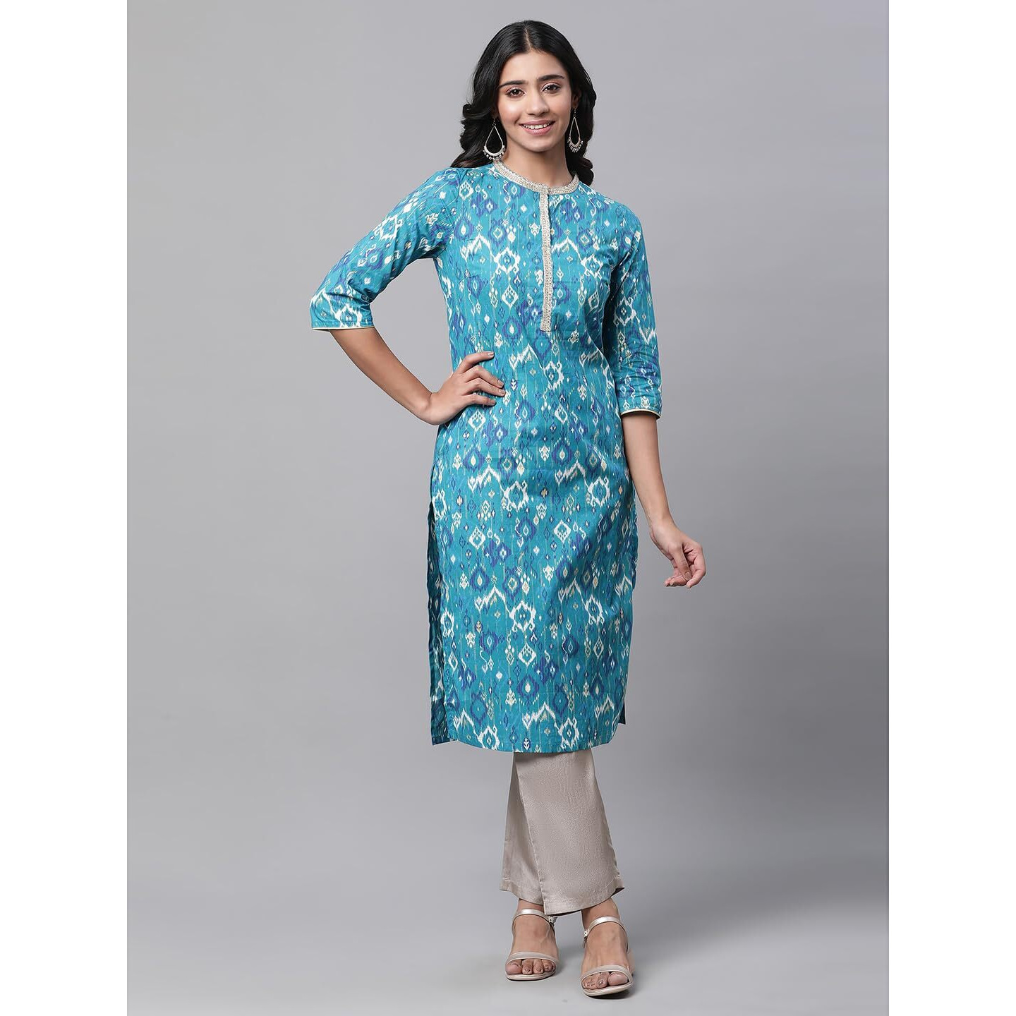 Aurelia Women's Geometric Printed Printed Straight Long Blue Cotton Kurta