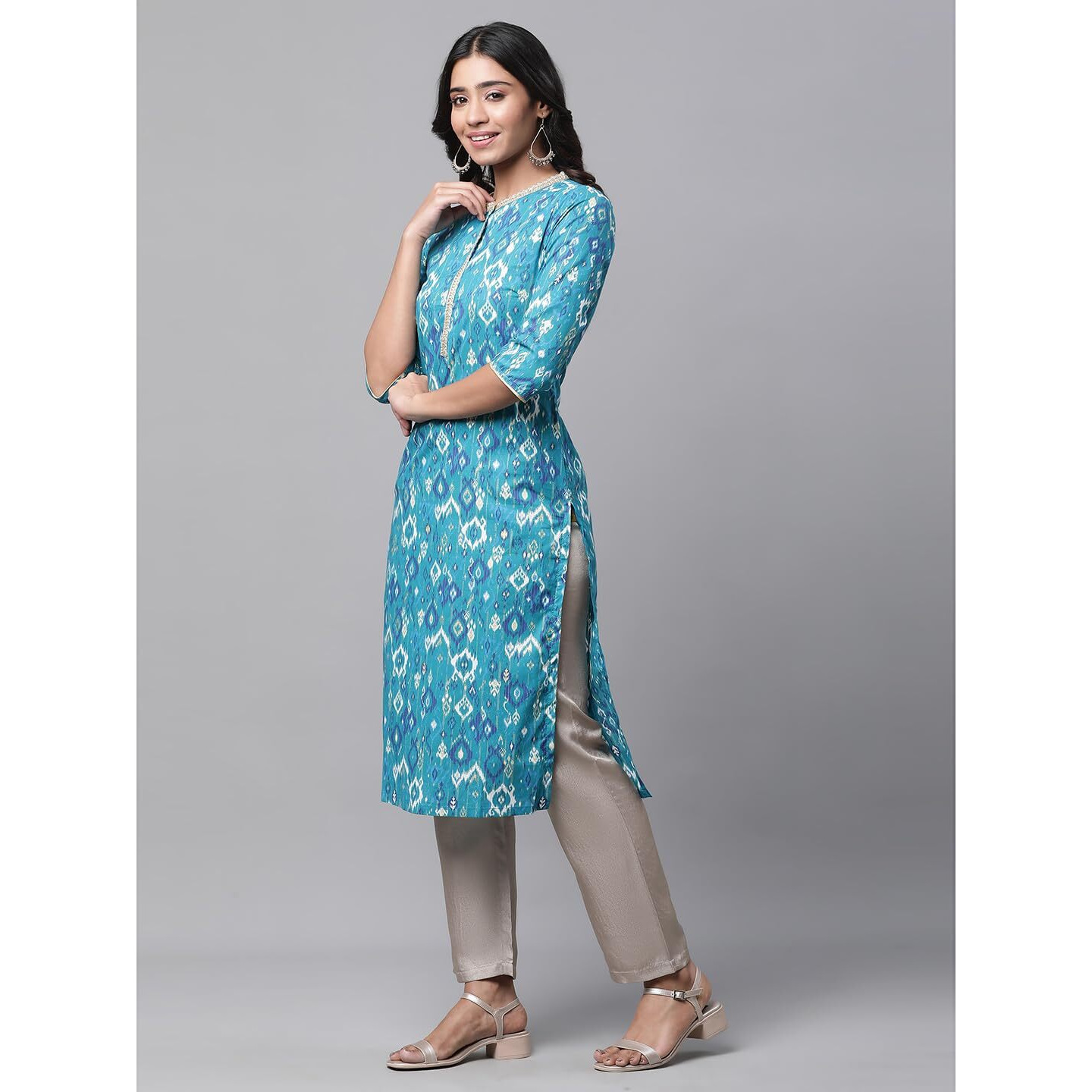 Aurelia Women's Geometric Printed Printed Straight Long Blue Cotton Kurta