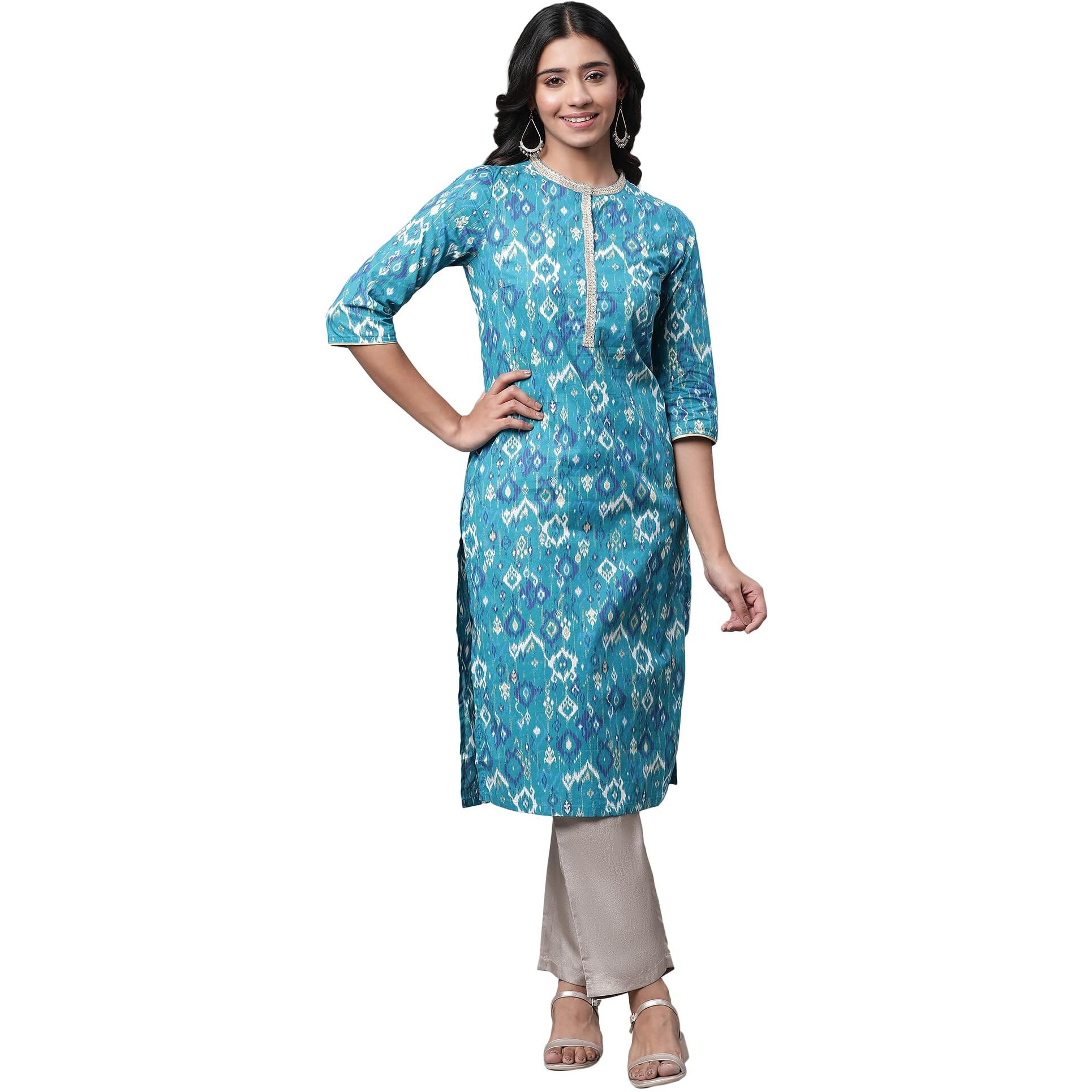 Aurelia Women's Geometric Printed Printed Straight Long Blue Cotton Kurta