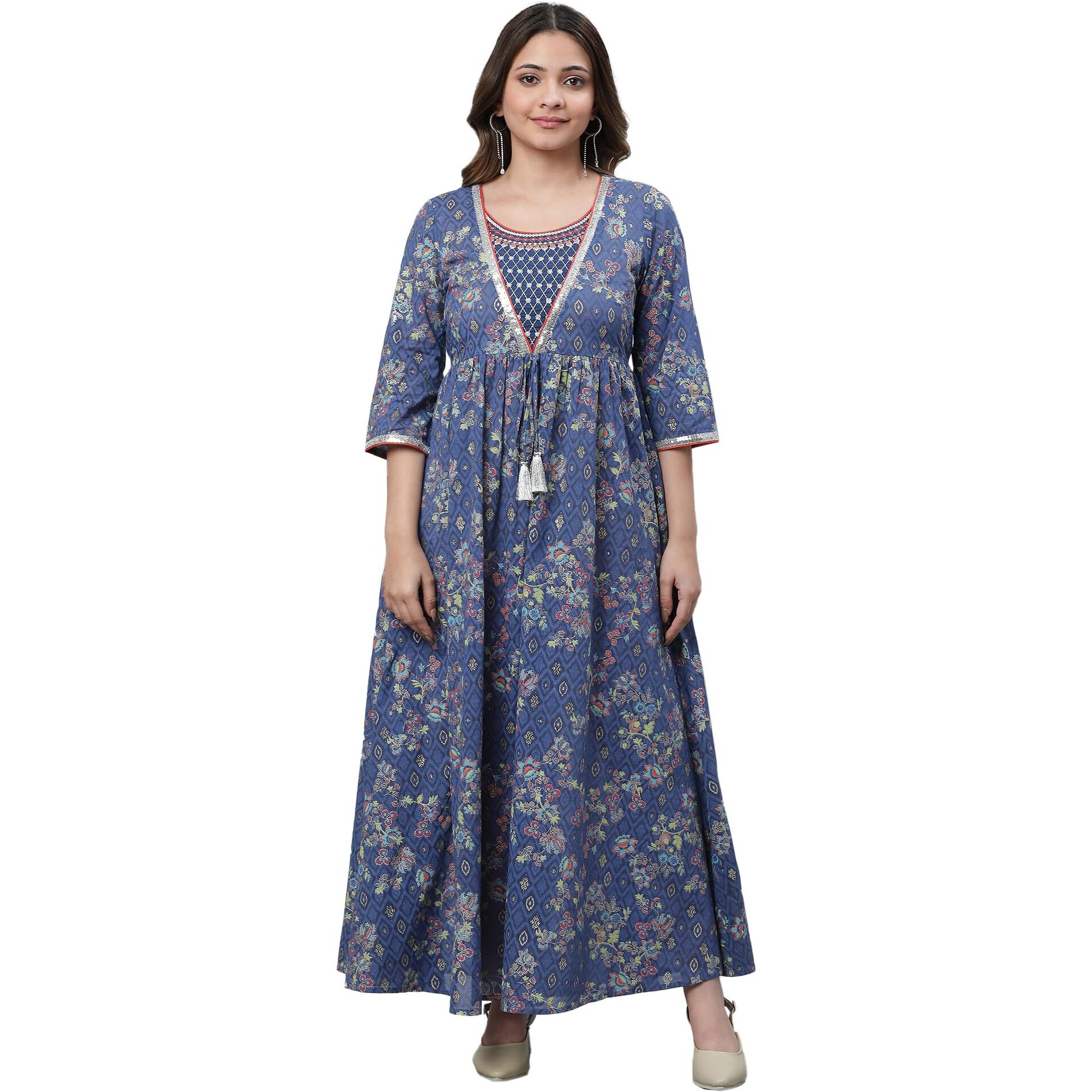 Aurelia Blue Floral Printed Printed Cotton Embroidered Regular Kurta