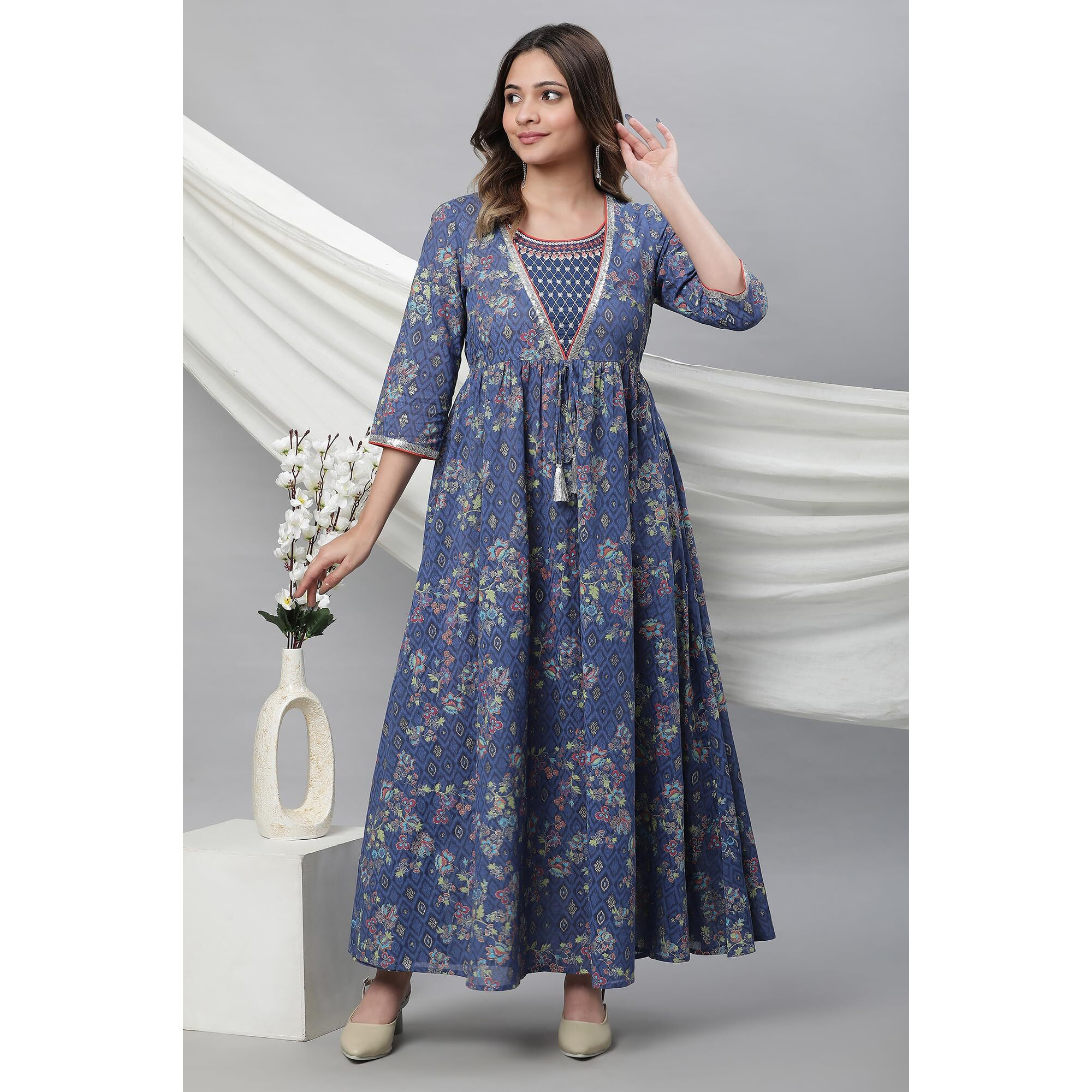 Aurelia Blue Floral Printed Printed Cotton Embroidered Regular Kurta
