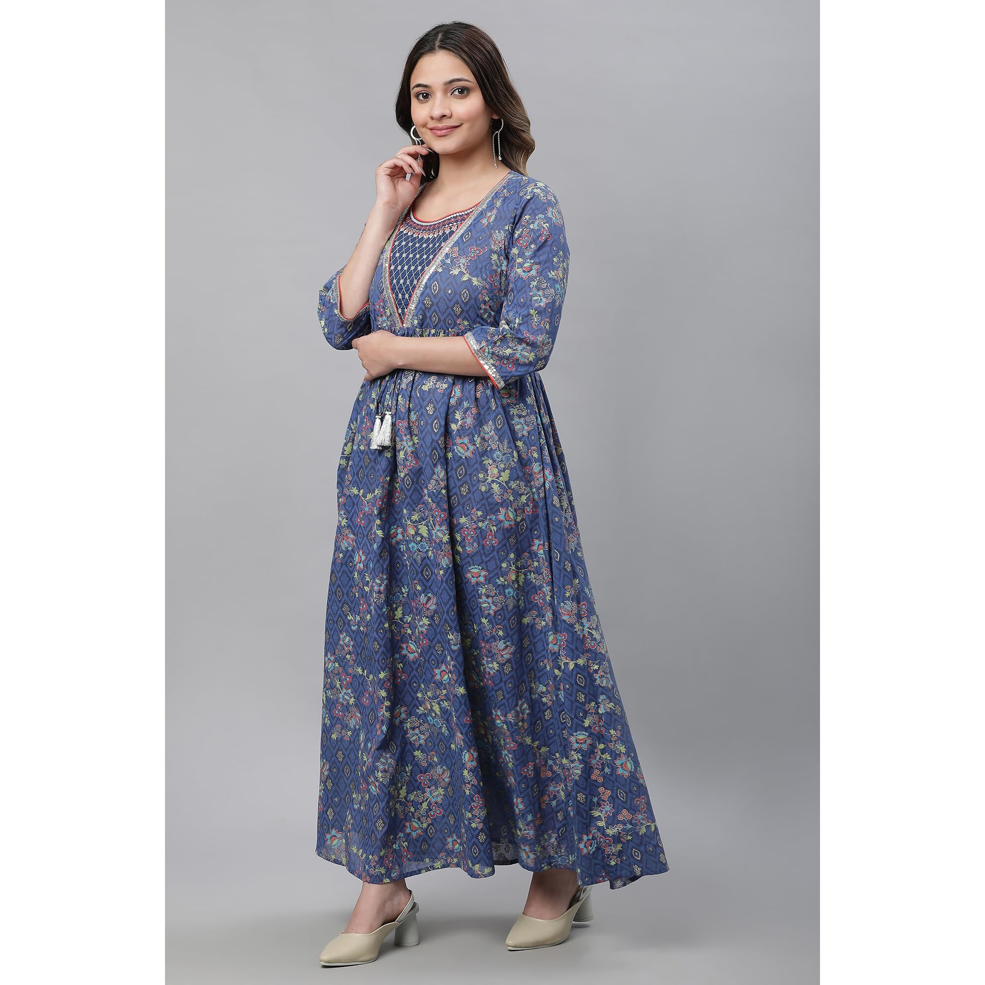 Aurelia Blue Floral Printed Printed Cotton Embroidered Regular Kurta