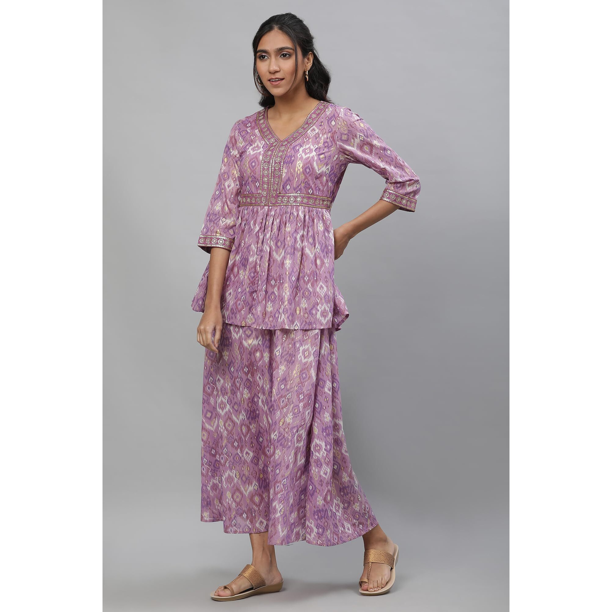 Aurelia Women Smoky Grape Ikkat Printed Cambric Aline Dress_23Aua14586-507711