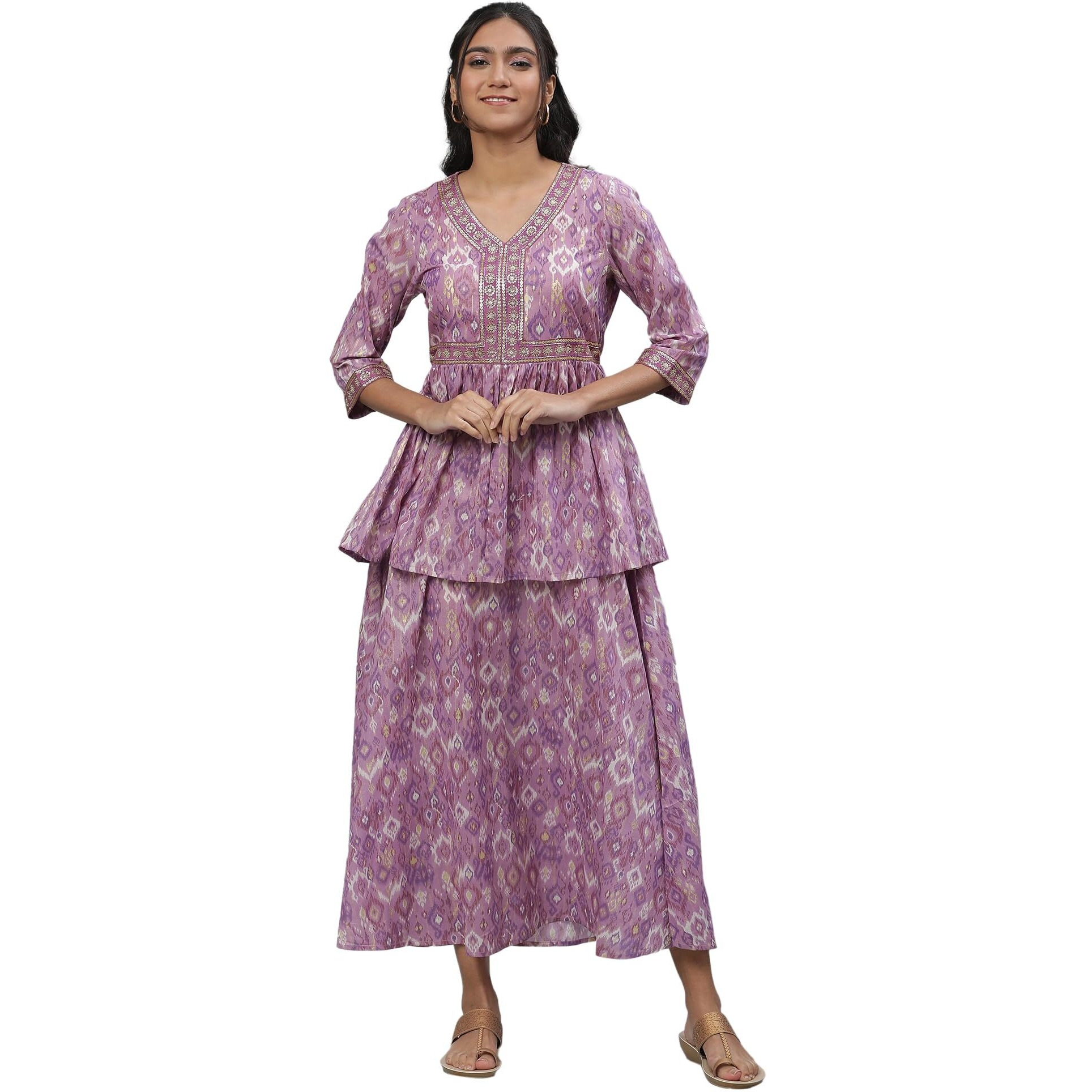 Aurelia Women's Smoky Grape Ikkat Printed Cambric Aline Dress_23Aua14586-507711_Xs