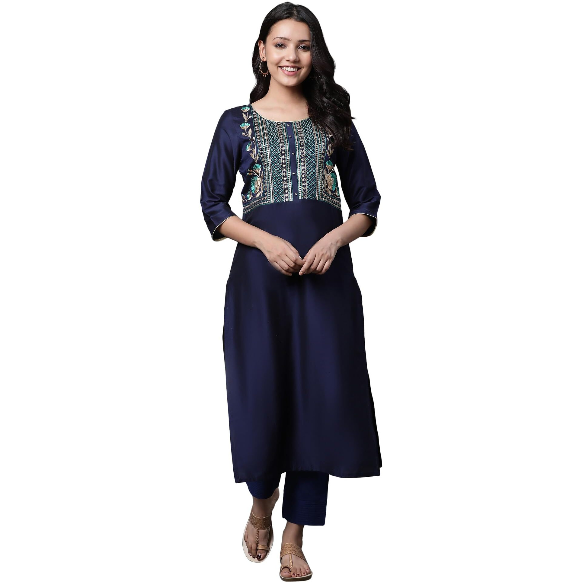Aurelia Blue Embroidered Blend Straight Long Kurta