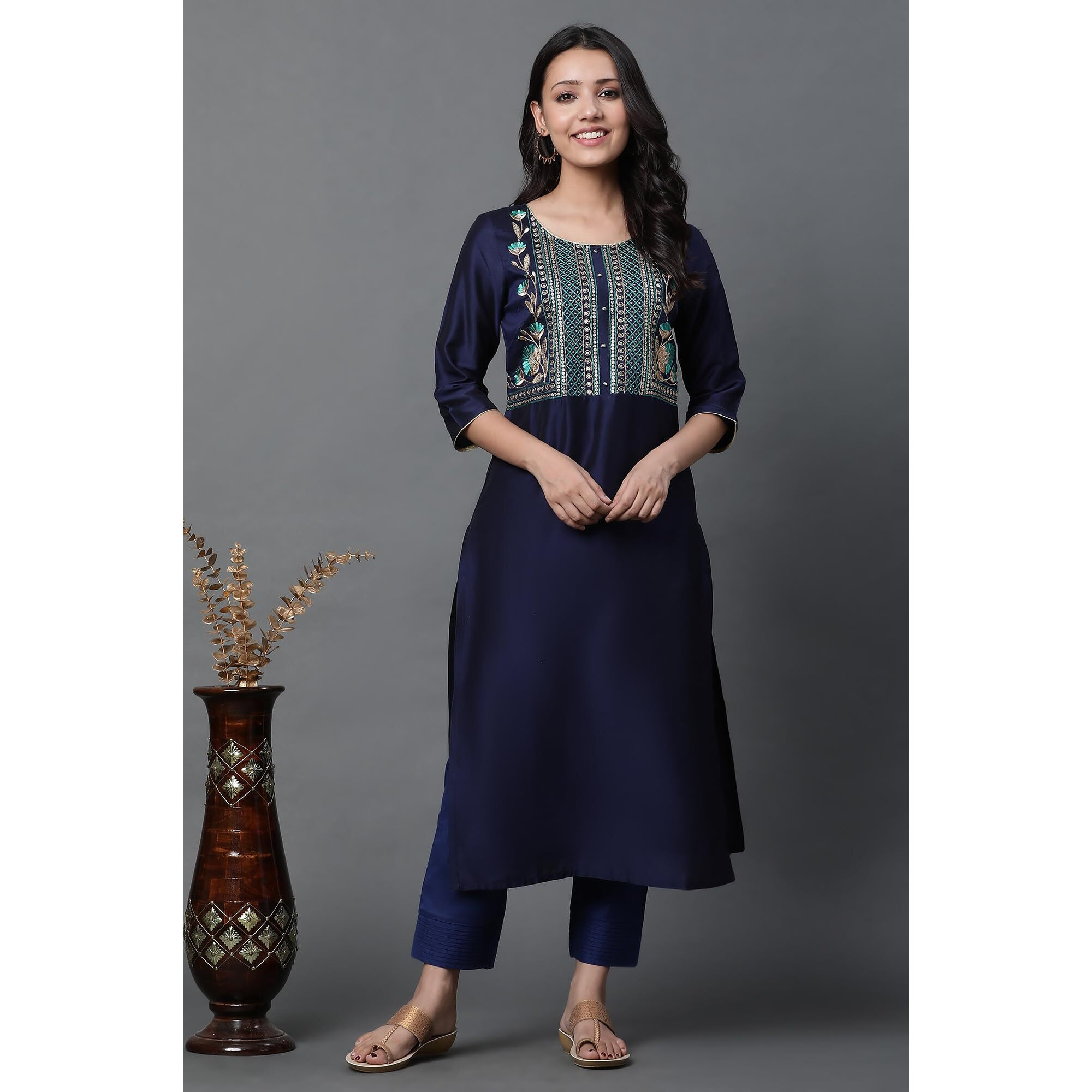 Aurelia Blue Embroidered Blend Straight Long Kurta