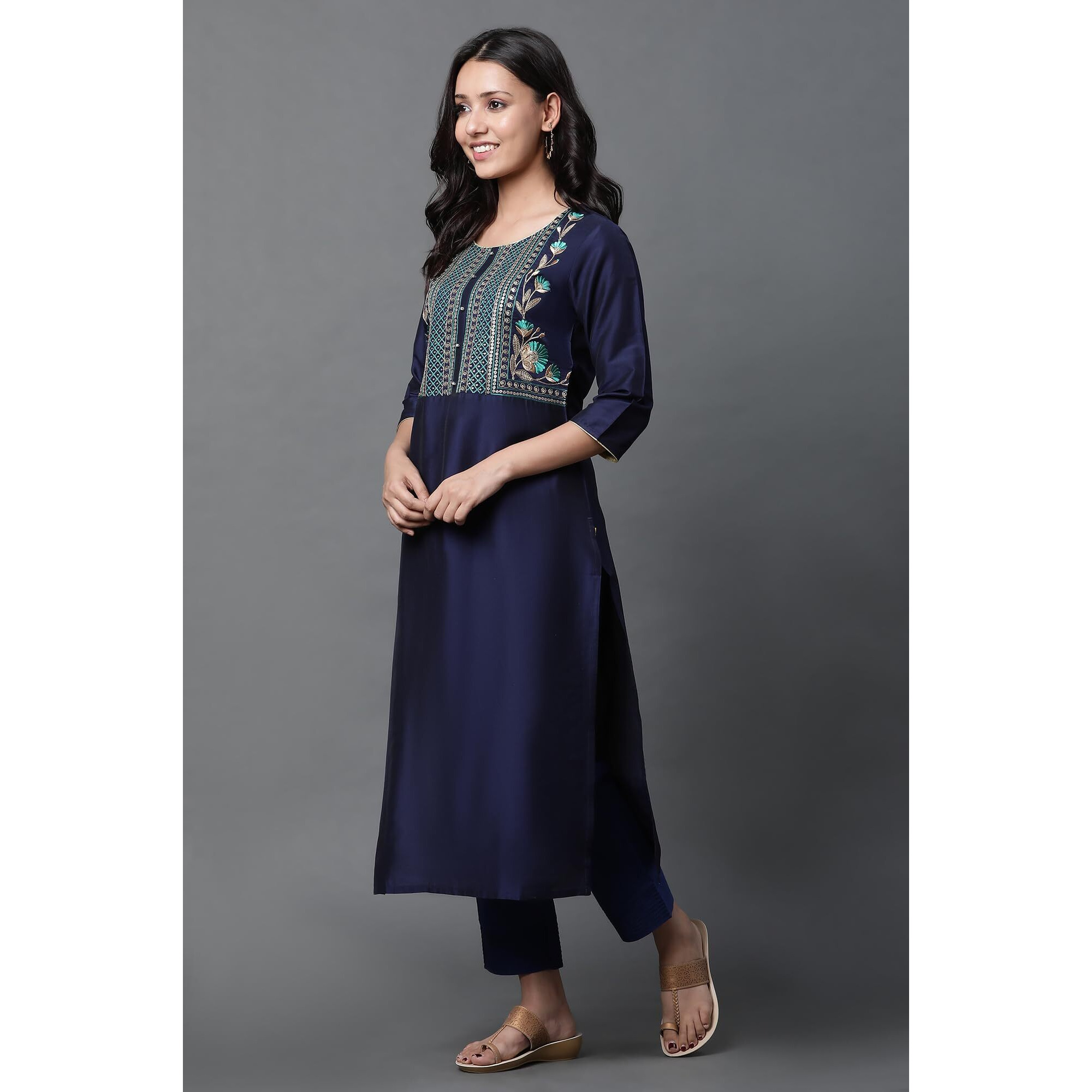 Aurelia Blue Embroidered Blend Straight Long Kurta