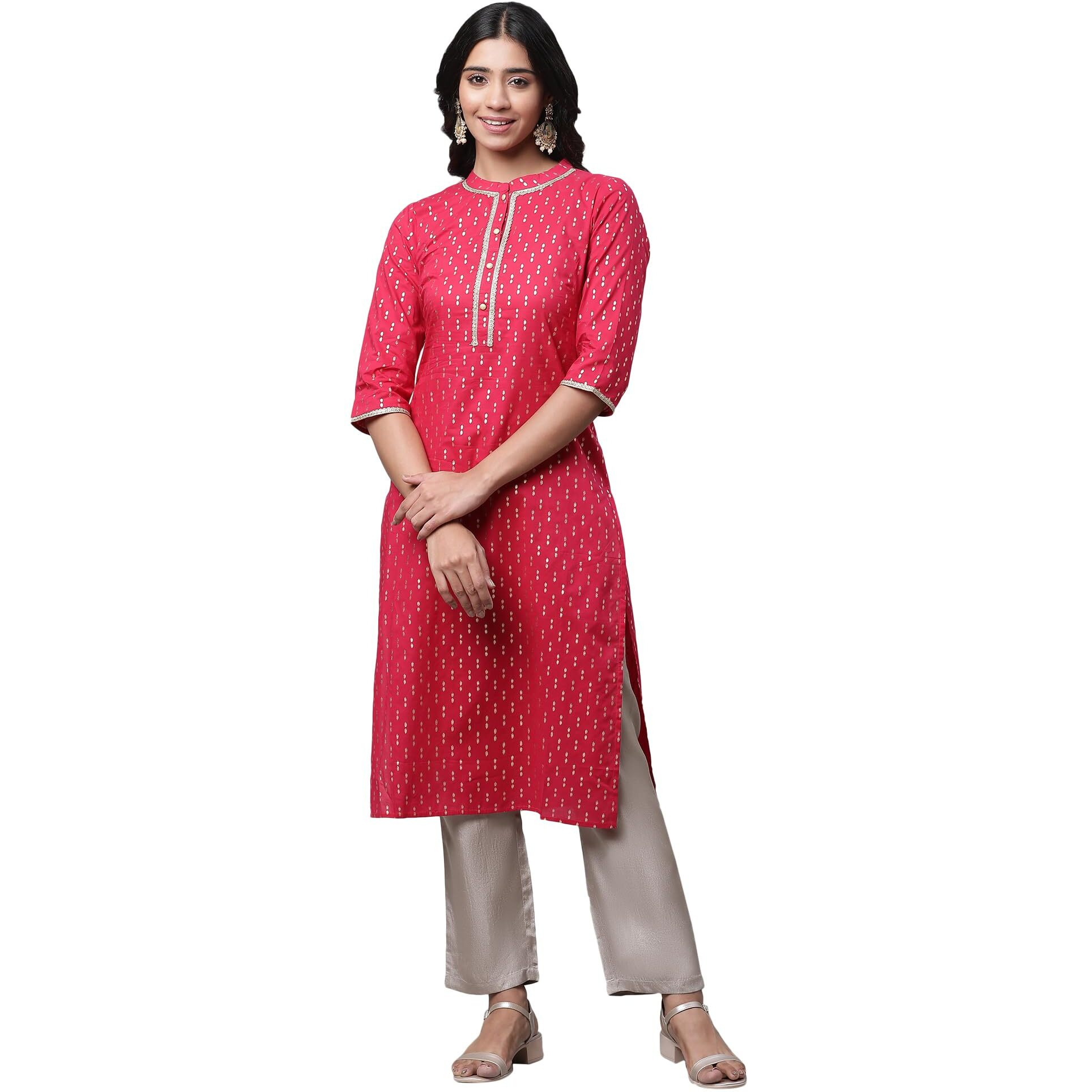 Aurelia Women's Foil Straight Long Pink Cotton Kurta