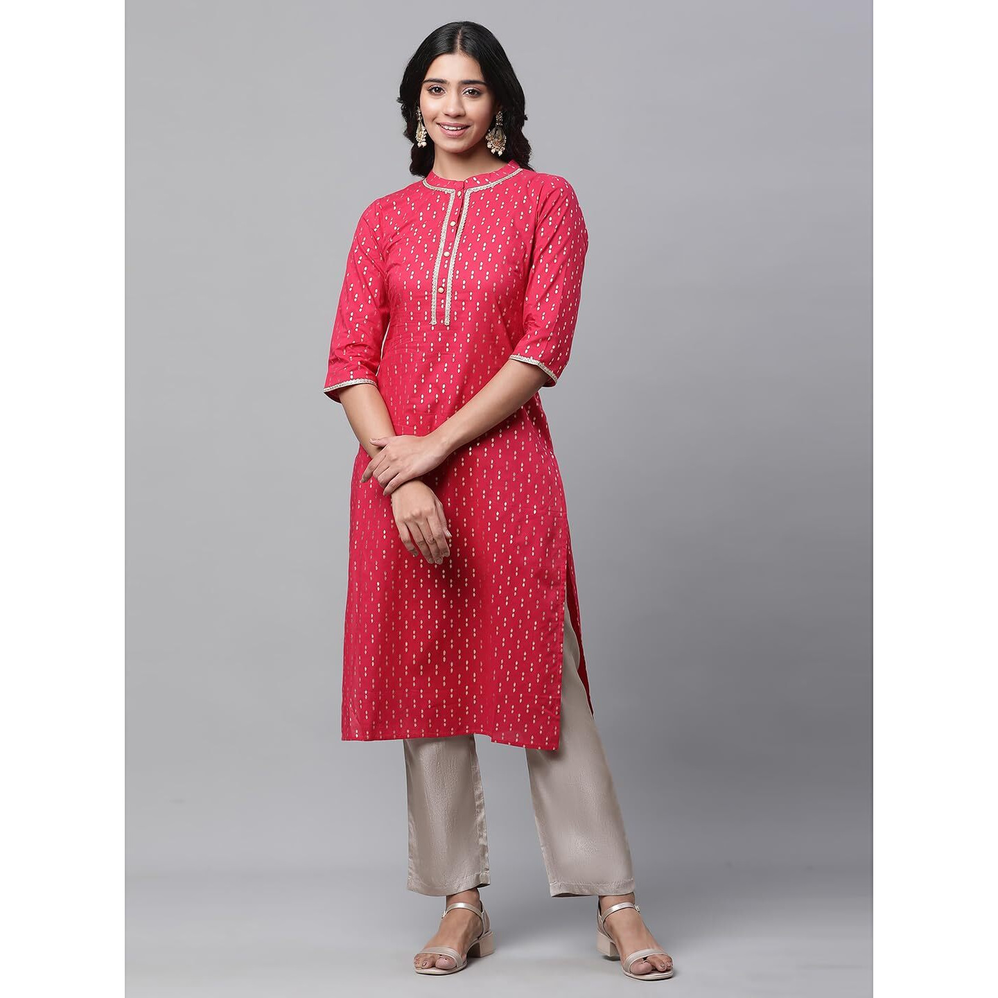 Aurelia Women's Foil Straight Long Pink Cotton Kurta