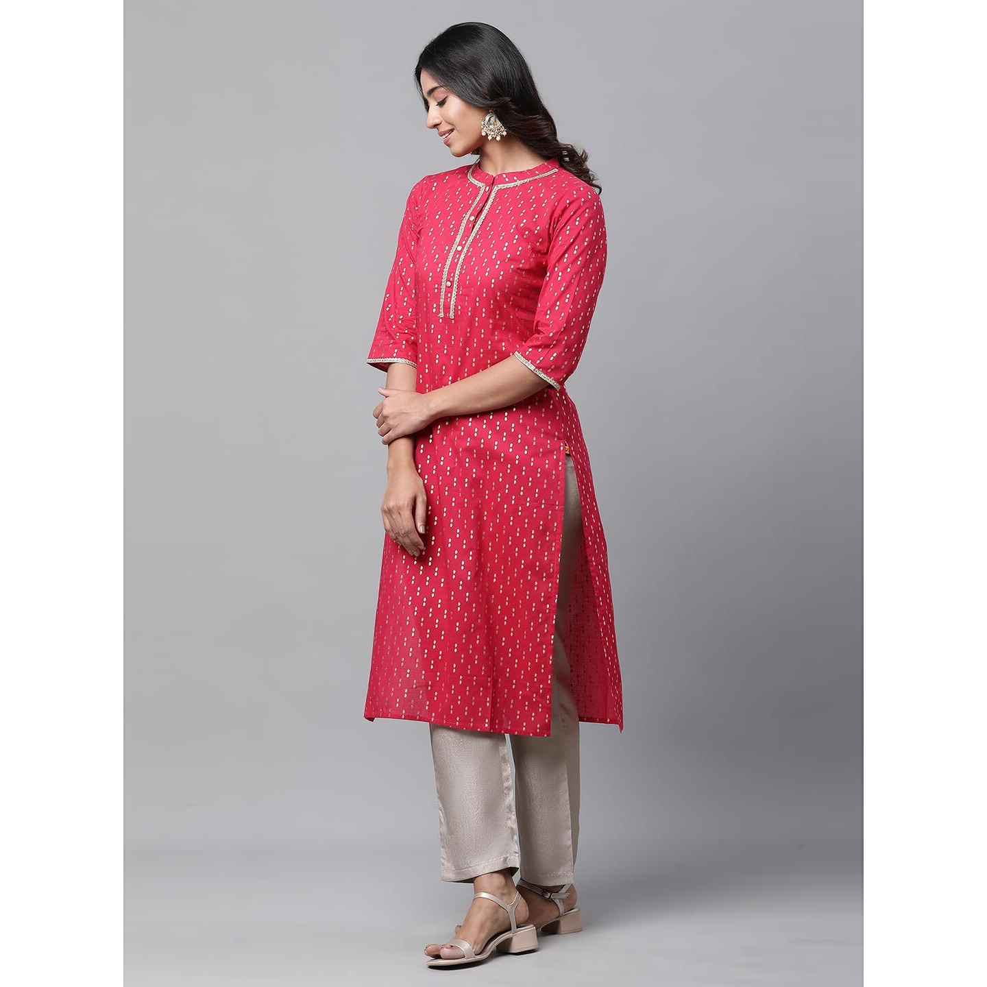 Aurelia Women's Foil Straight Long Pink Cotton Kurta