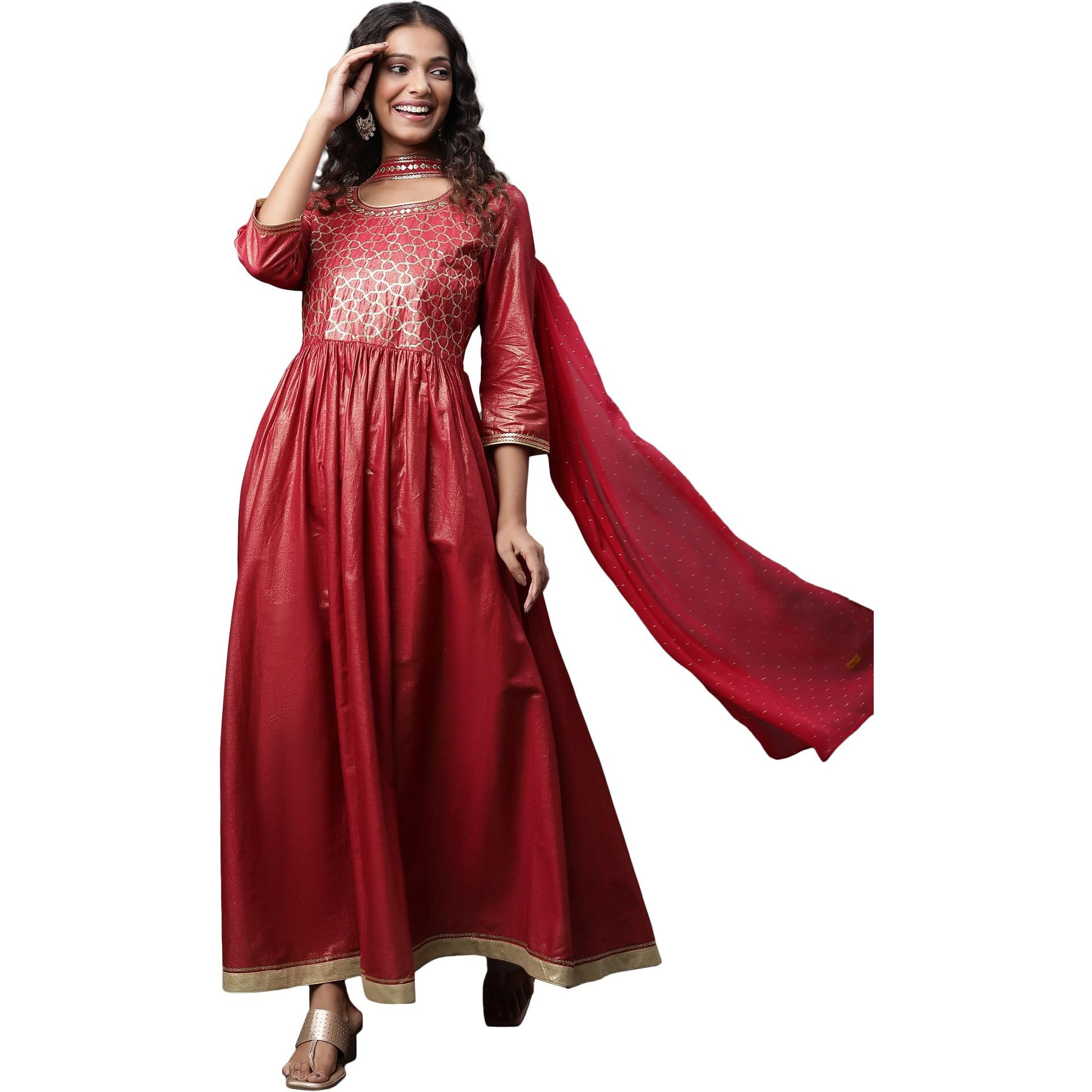 Aurelia Women Maroon Cotton Spray Printed Dress & Dupatta Set (23Auas14585-507713-S)