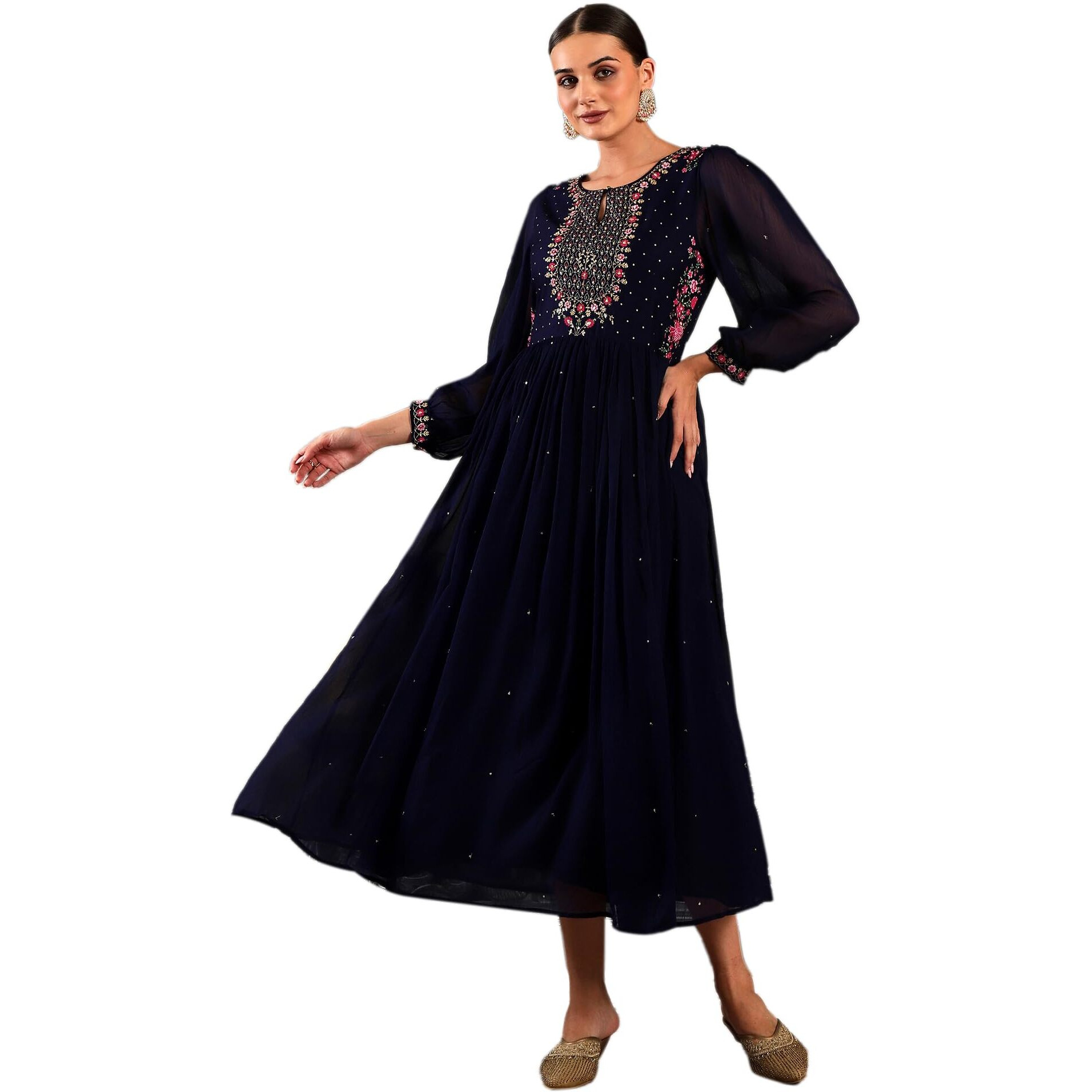 W Blue Floral Printed Synthetic Maxi Dress With Sequins For Women